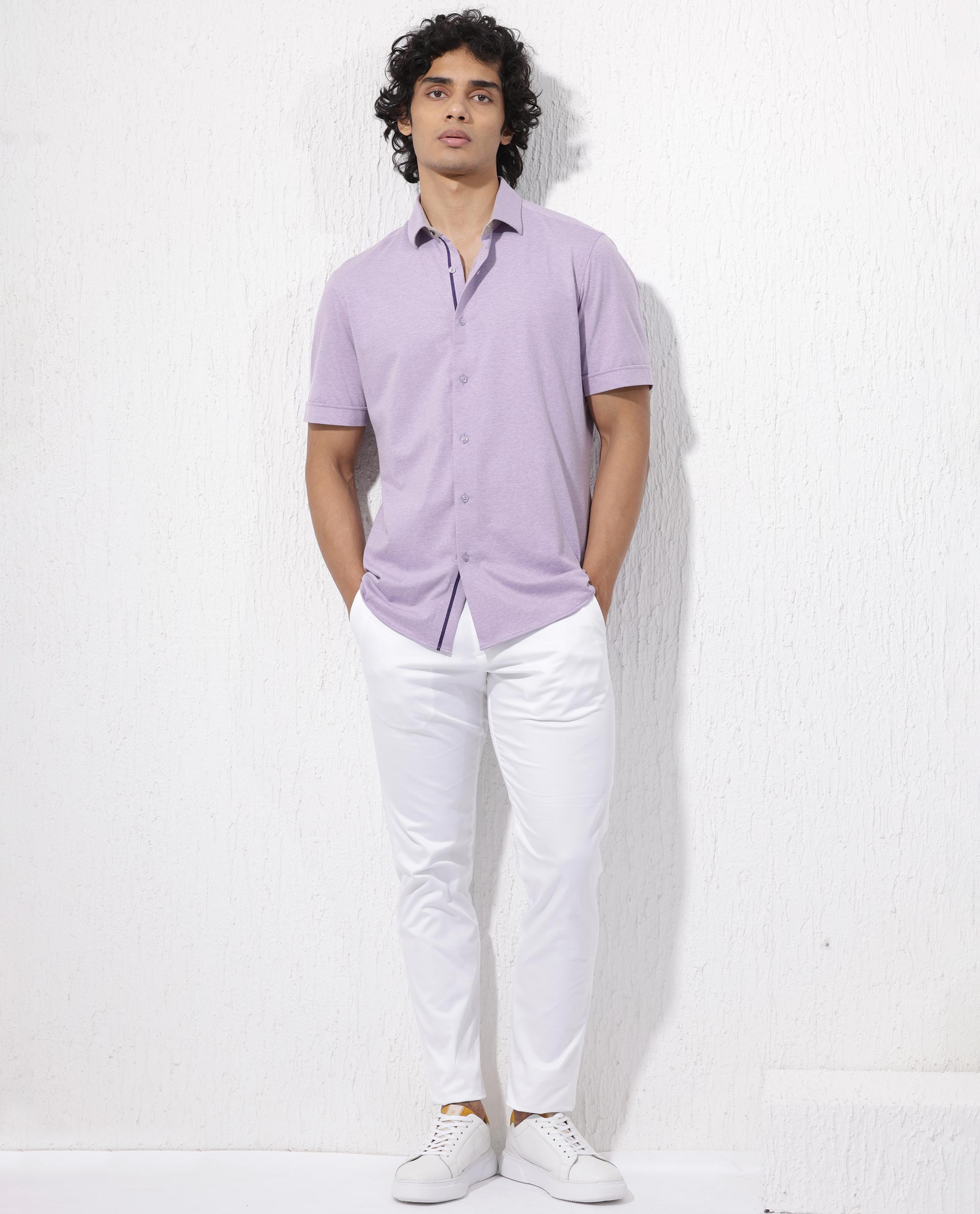 Rare Rabbit Men's Miraje Pastel Purple Cotton Fabric Half Sleeves Solid Melange Shirt