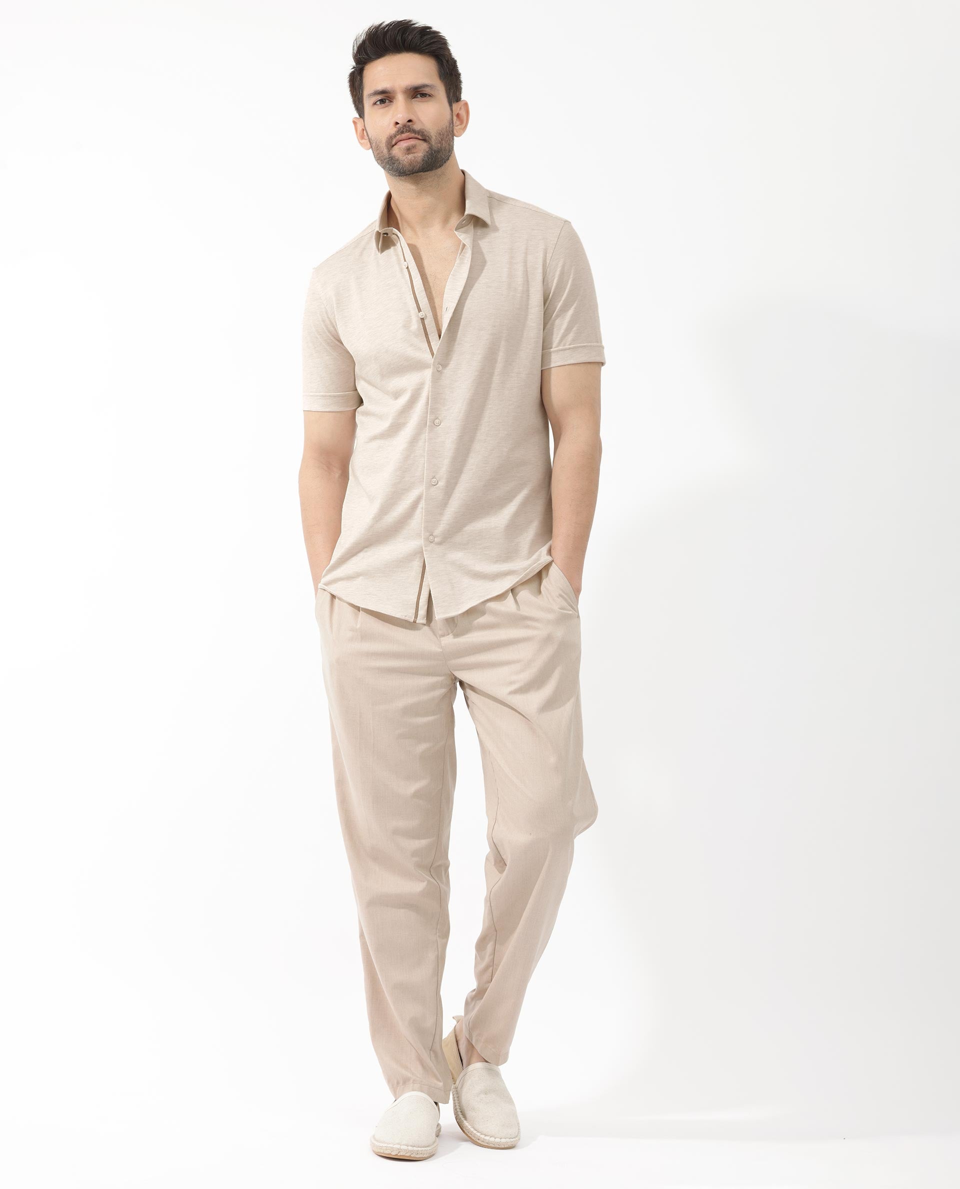 Rare Rabbit Men's Miraje Light Beige Cotton Fabric Half Sleeves Solid Melange Shirt