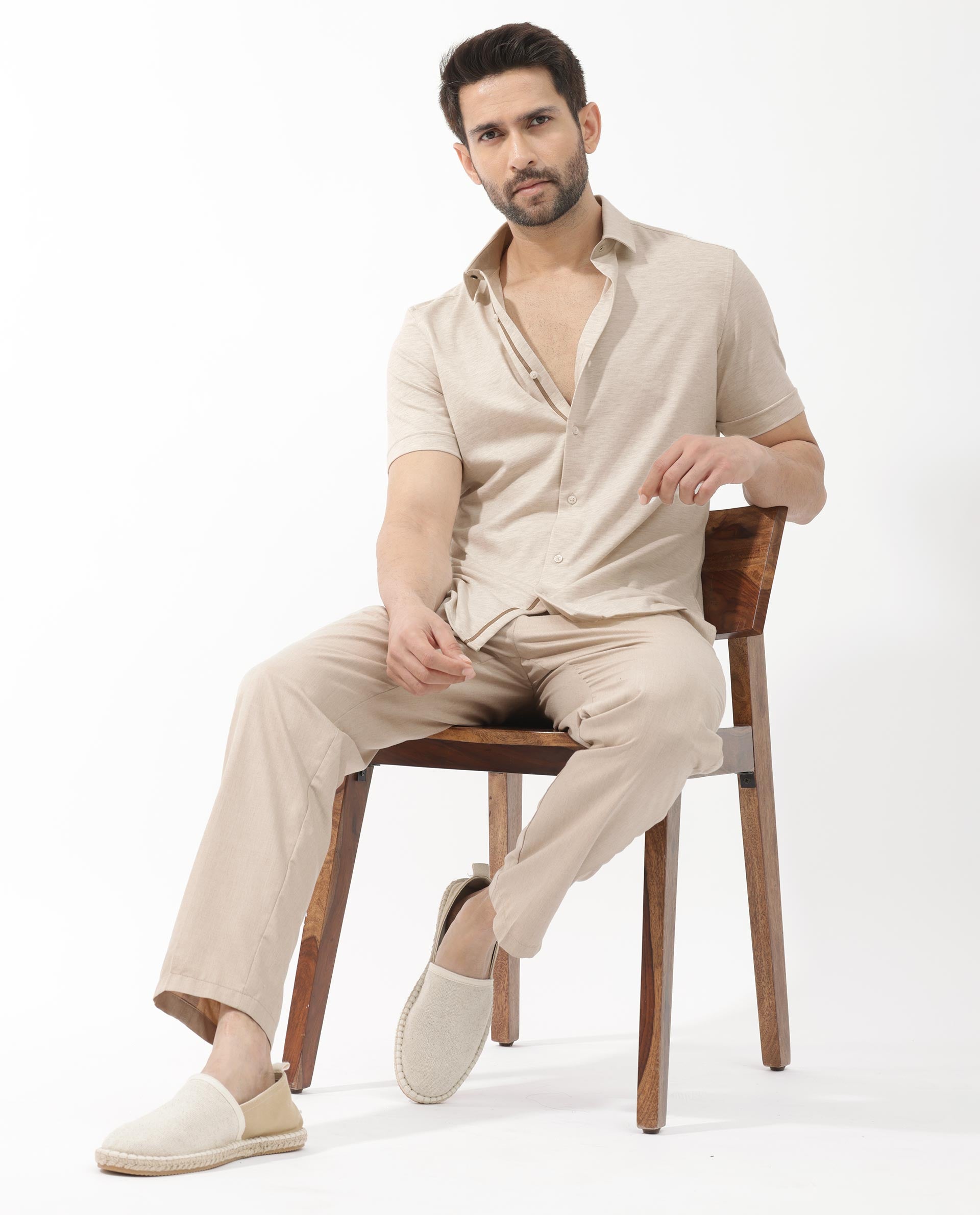 Rare Rabbit Men's Miraje Light Beige Cotton Fabric Half Sleeves Solid Melange Shirt