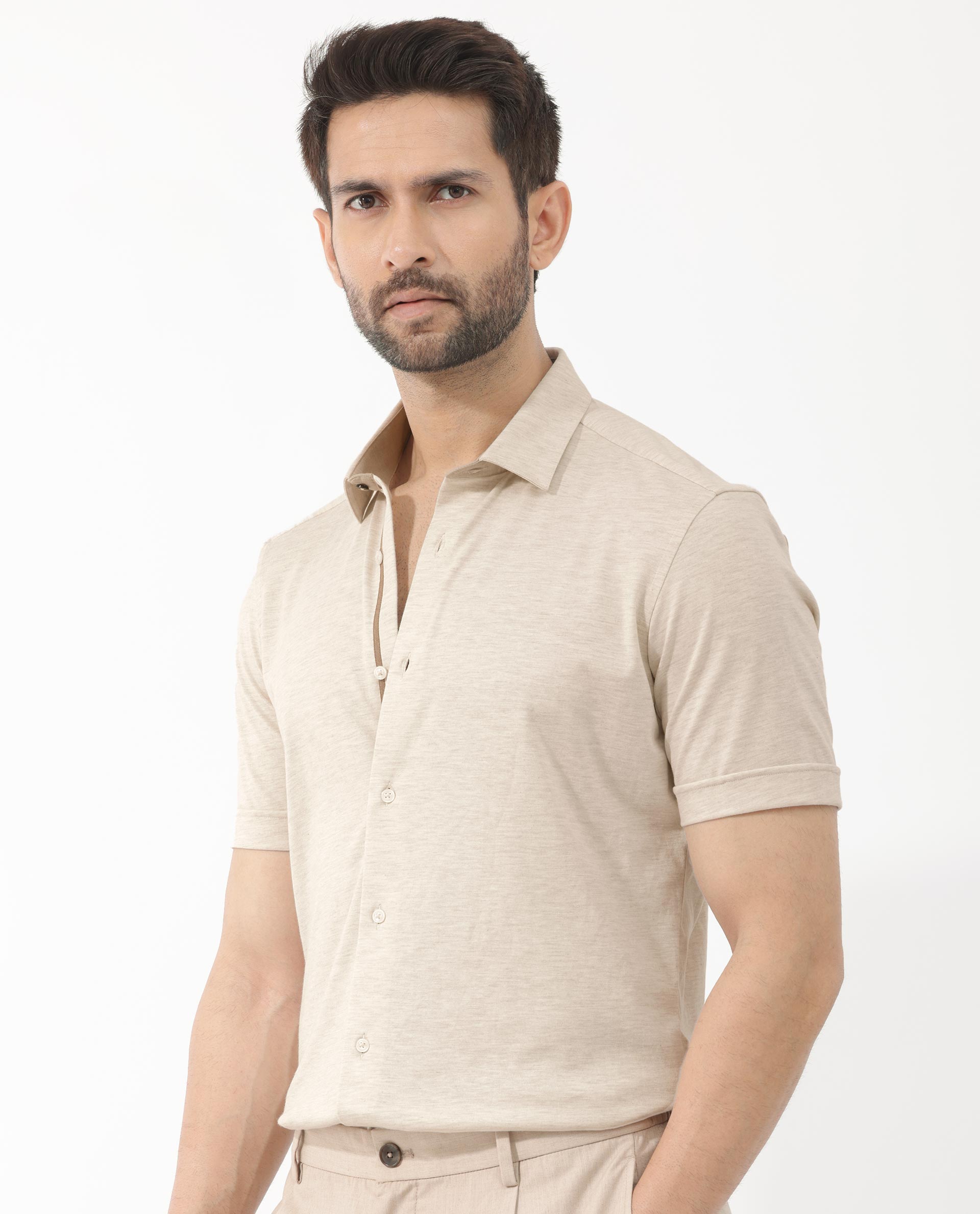 Rare Rabbit Men's Miraje Light Beige Cotton Fabric Half Sleeves Solid Melange Shirt