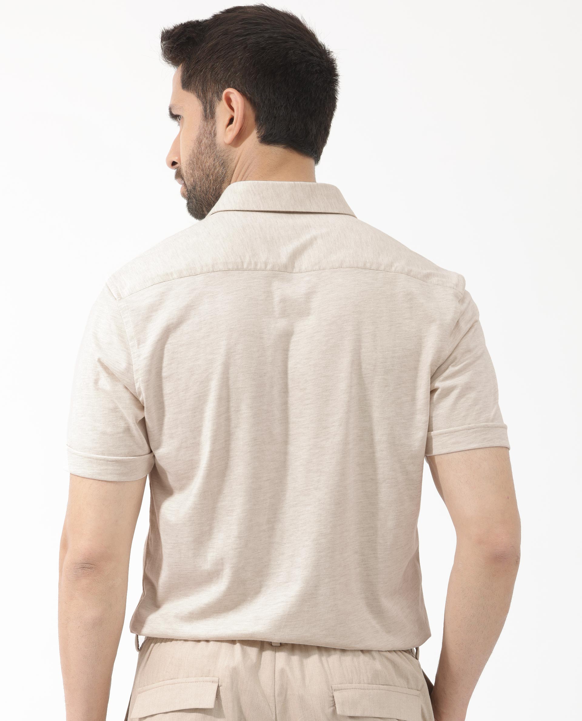 Rare Rabbit Men's Miraje Light Beige Cotton Fabric Half Sleeves Solid Melange Shirt