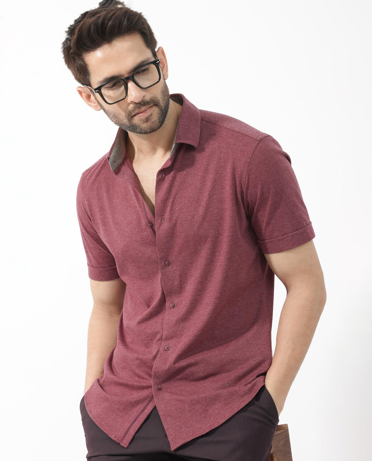 Rare Rabbit Men's Miraje Maroon Cotton Fabric Half Sleeves Solid Melange Shirt