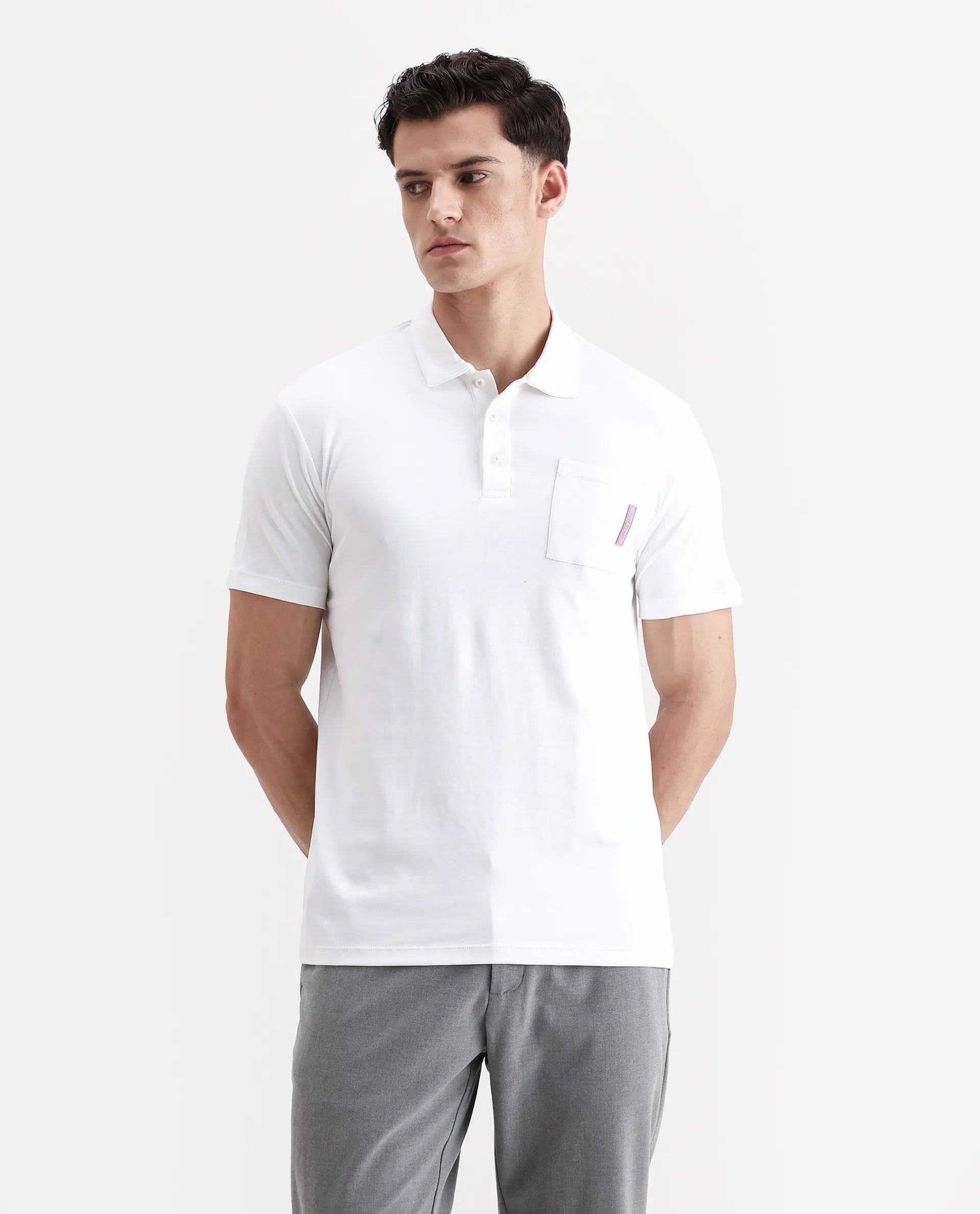 Rare Rabbit Men's Mirim White Cotton Plain Regular Fit Half Sleeve Polo