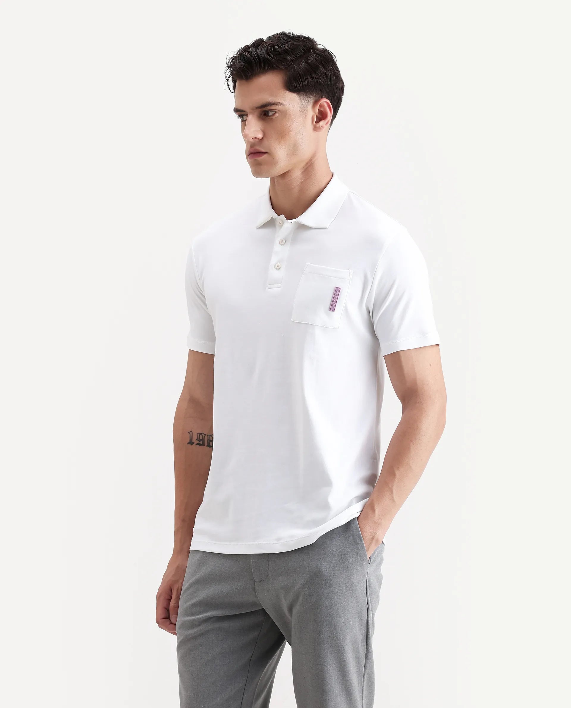 Rare Rabbit Men's Mirim White Cotton Plain Regular Fit Half Sleeve Polo