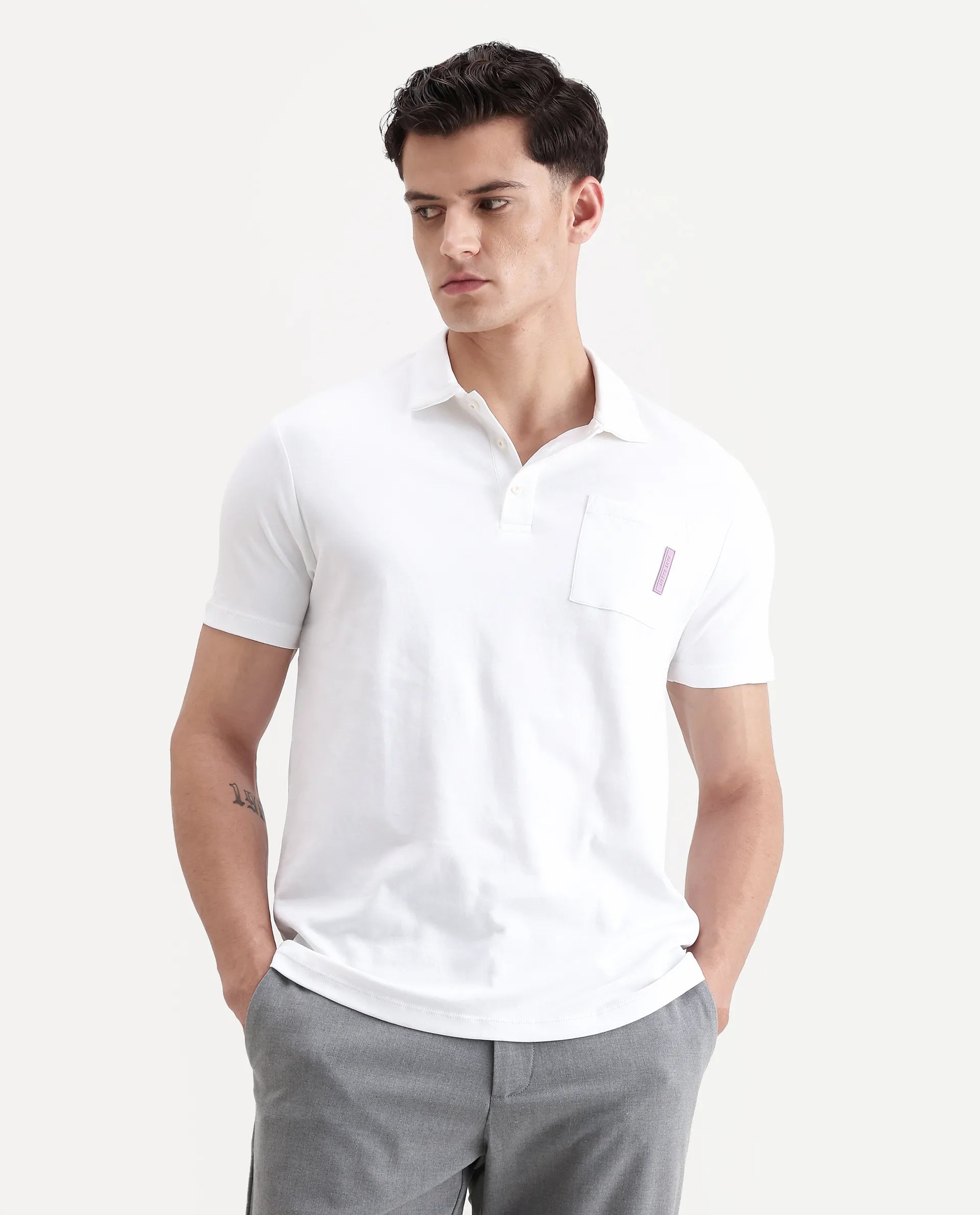 Rare Rabbit Men's Mirim White Cotton Plain Regular Fit Half Sleeve Polo