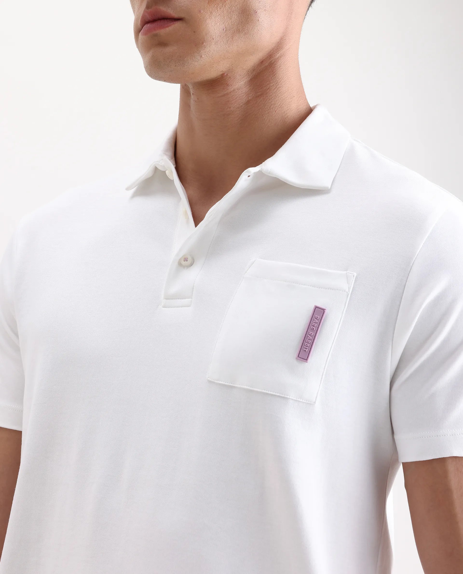 Rare Rabbit Men's Mirim White Cotton Plain Regular Fit Half Sleeve Polo