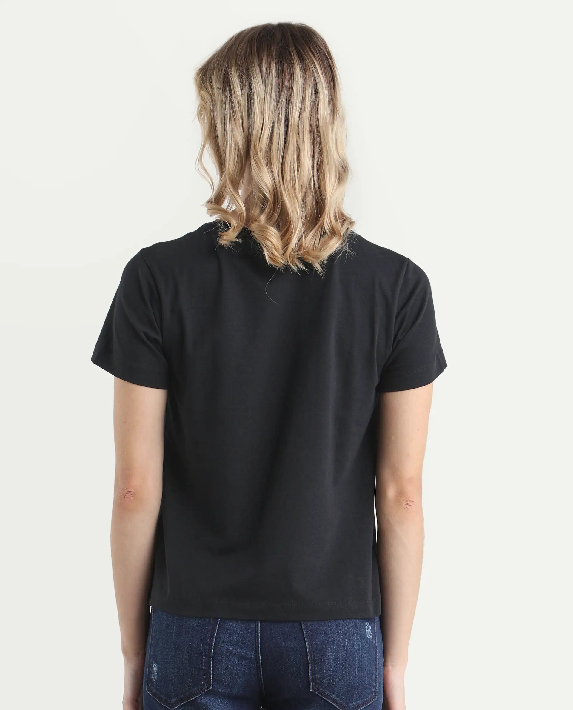 Rareism Women's Mirth Black Cotton Blend Crew Neck Graphic Print Regular Fit T-Shirt