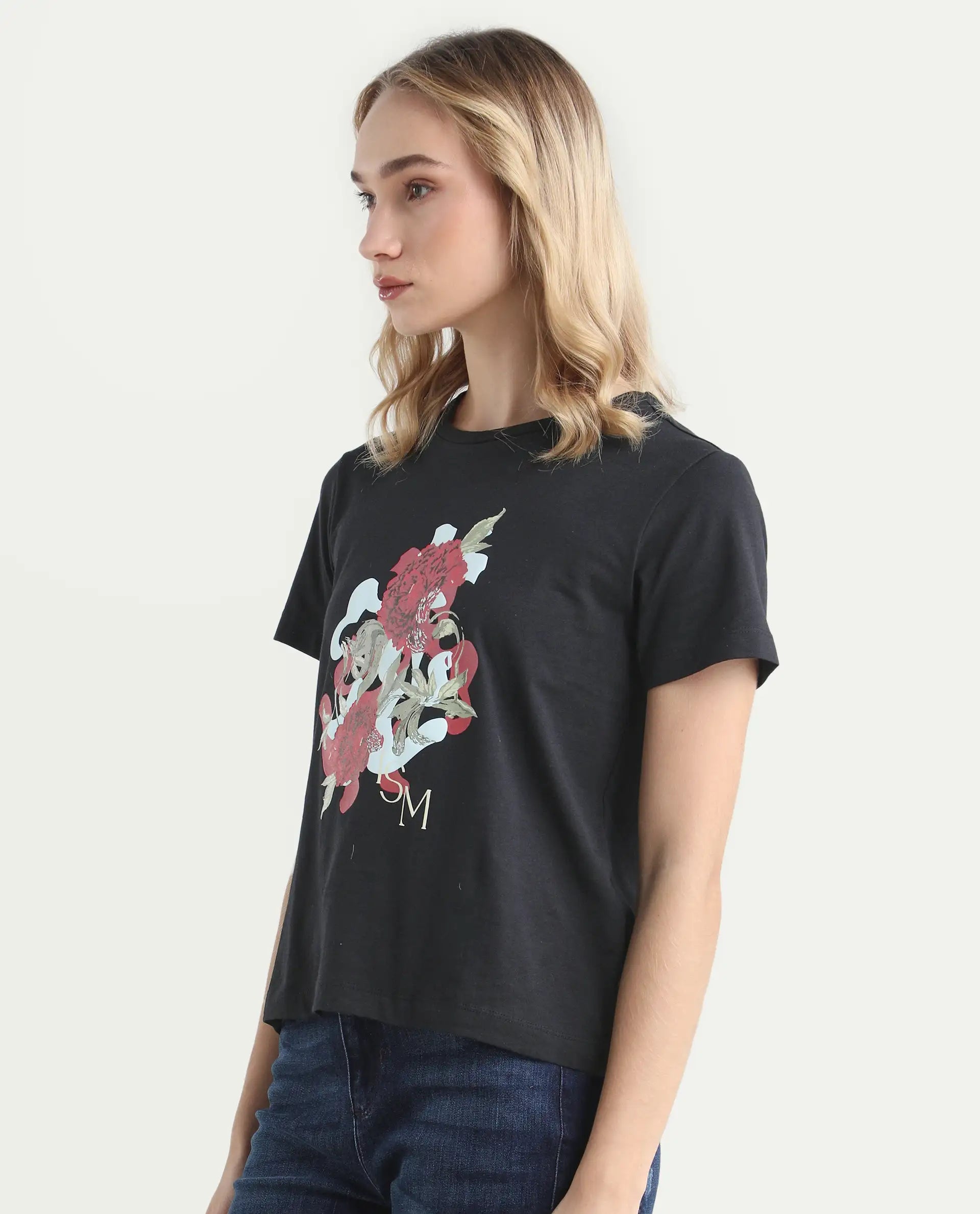 Rareism Women's Mirth Black Cotton Blend Crew Neck Graphic Print Regular Fit T-Shirt