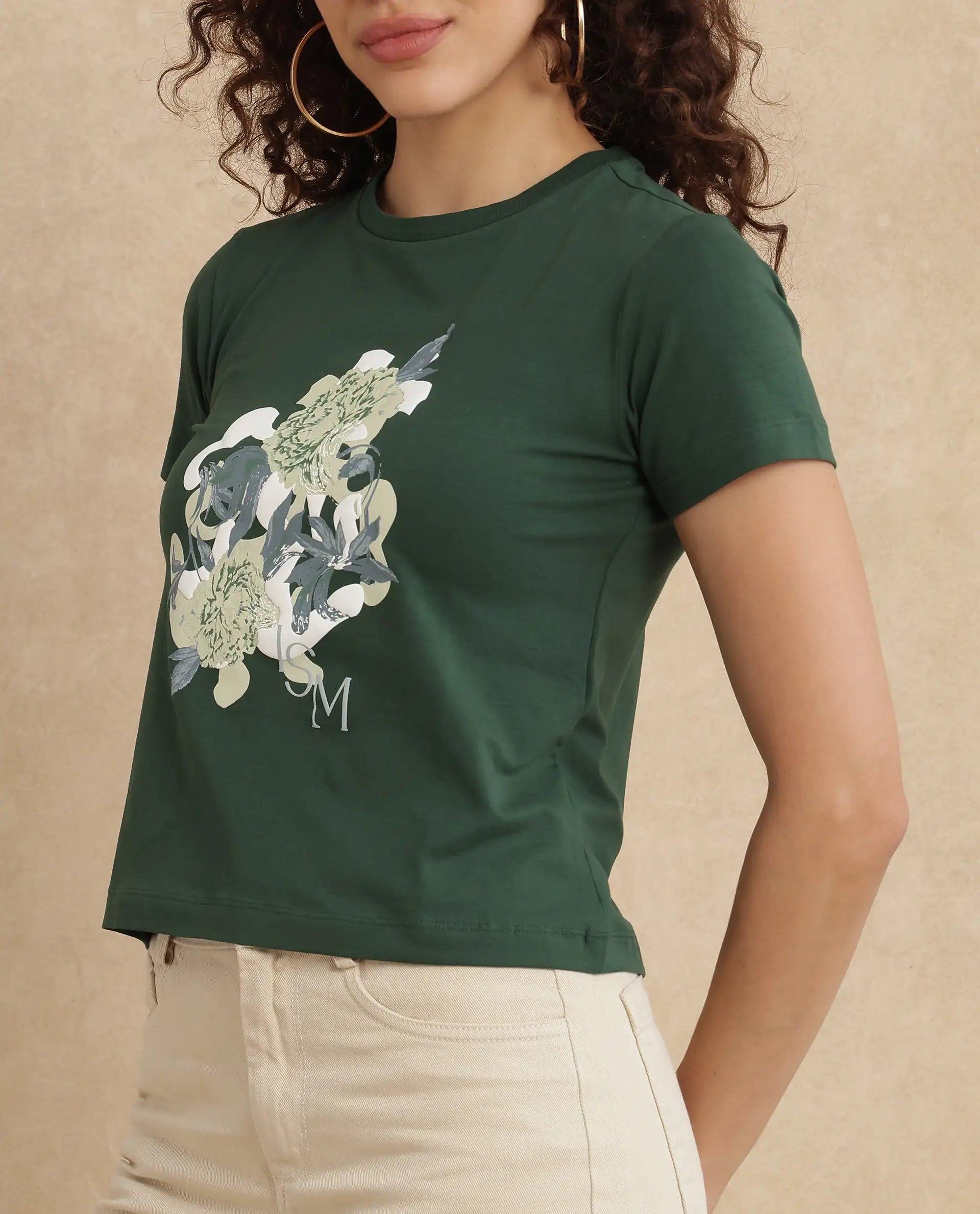 Rareism Women Mirth Olive Cotton Blend Fabric Short Sleeve Crew Neck Graphic Print T-Shirt