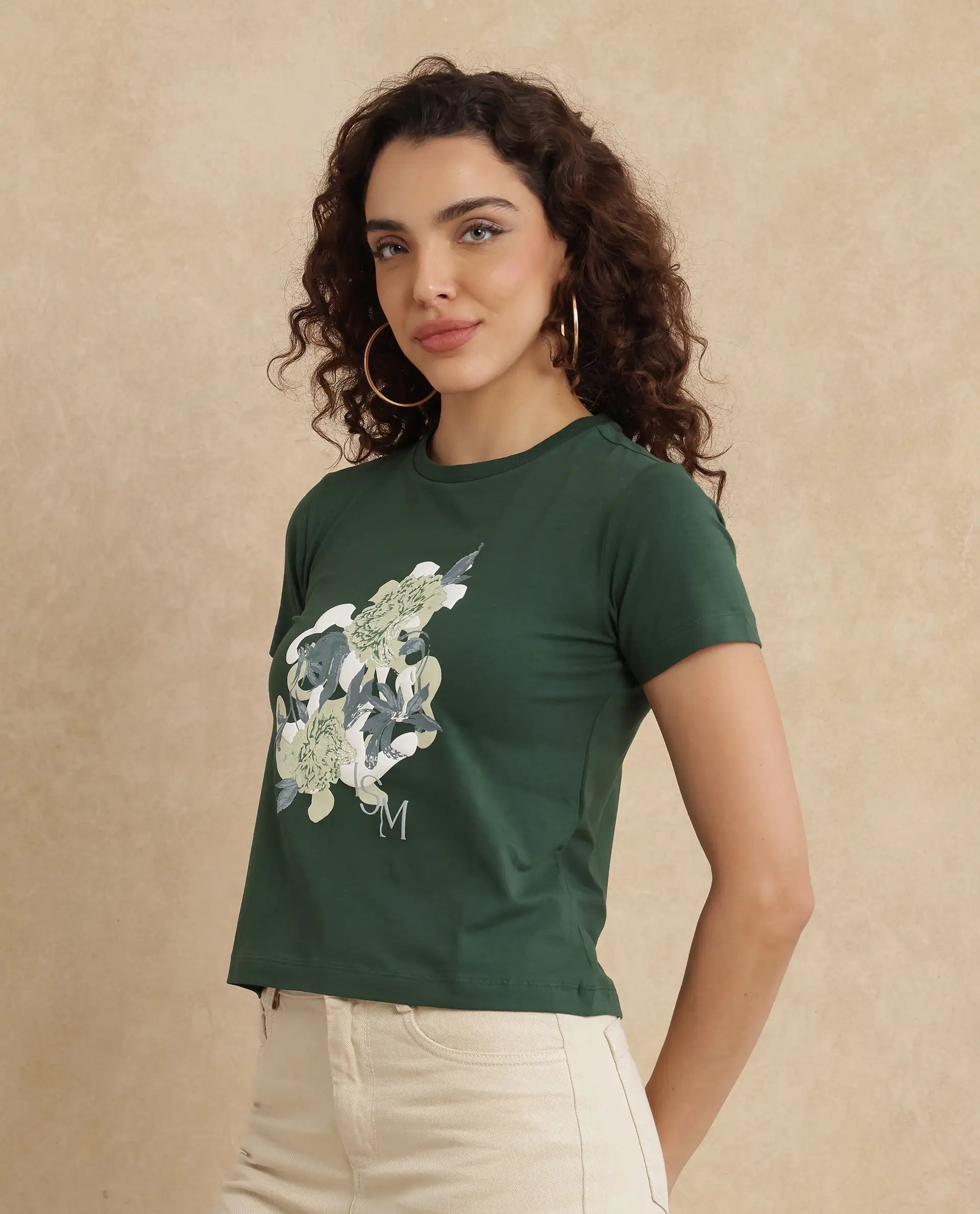 Rareism Women Mirth Olive Cotton Blend Fabric Short Sleeve Crew Neck Graphic Print T-Shirt