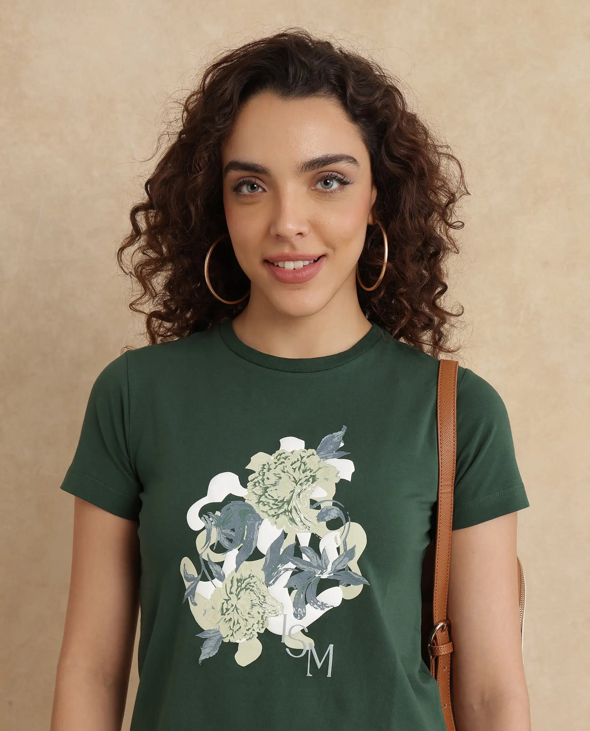 Rareism Women Mirth Olive Cotton Blend Fabric Short Sleeve Crew Neck Graphic Print T-Shirt