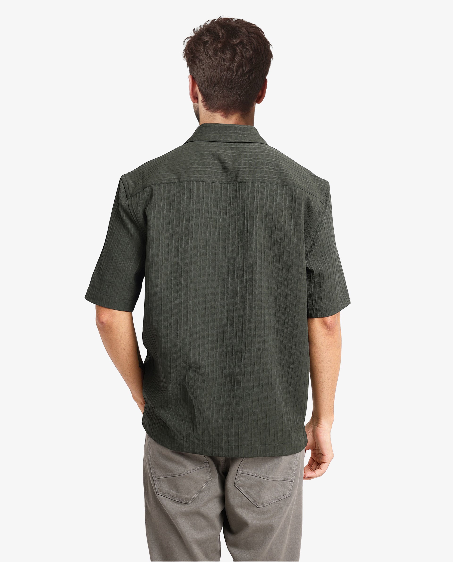 Rare Rabbit Men's Mirtilo Dark Green Polyester Fabric Short Sleeve Cuban Collar Self Stripe Textured Shirt
