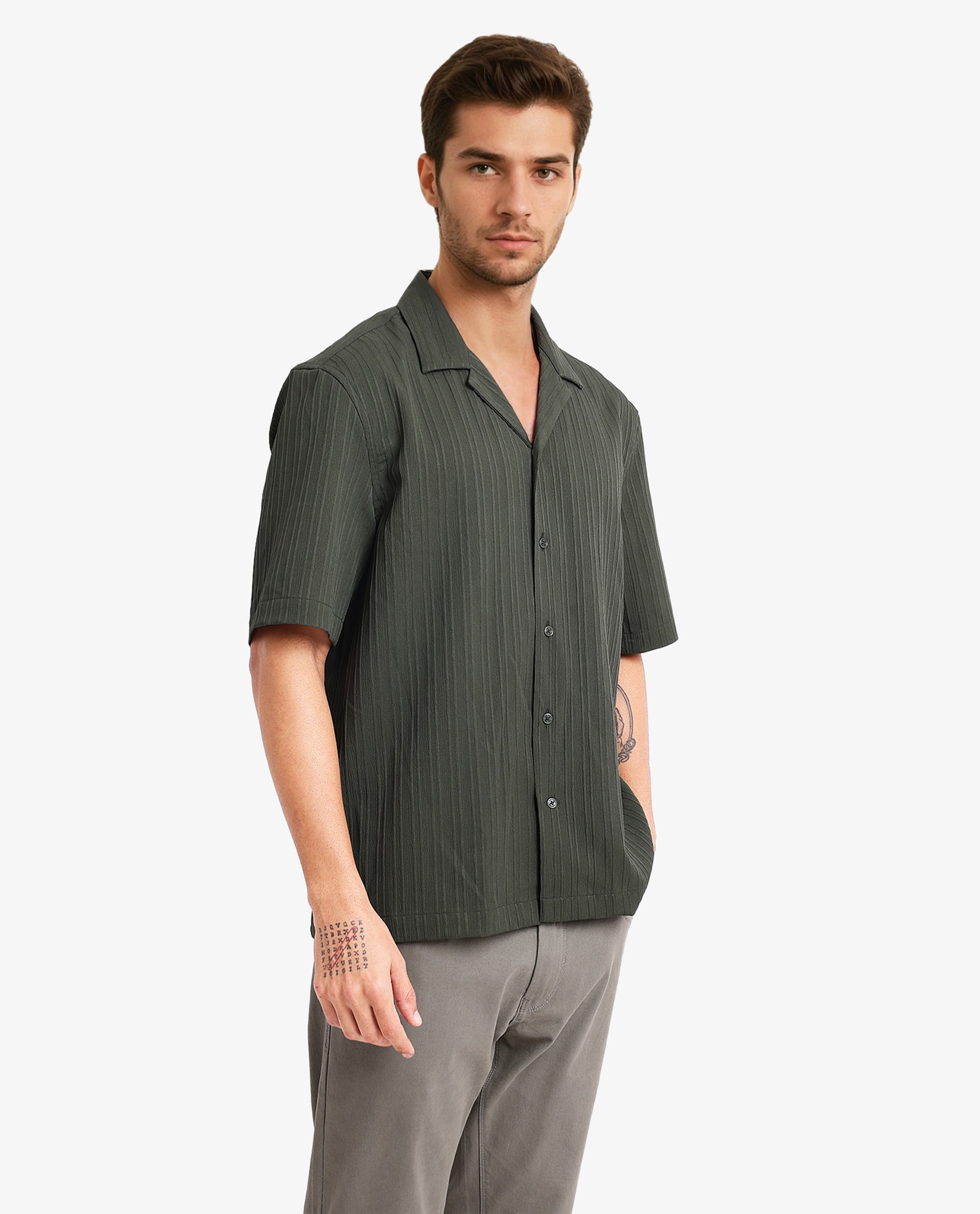 Rare Rabbit Men's Mirtilo Dark Green Polyester Fabric Short Sleeve Cuban Collar Self Stripe Textured Shirt