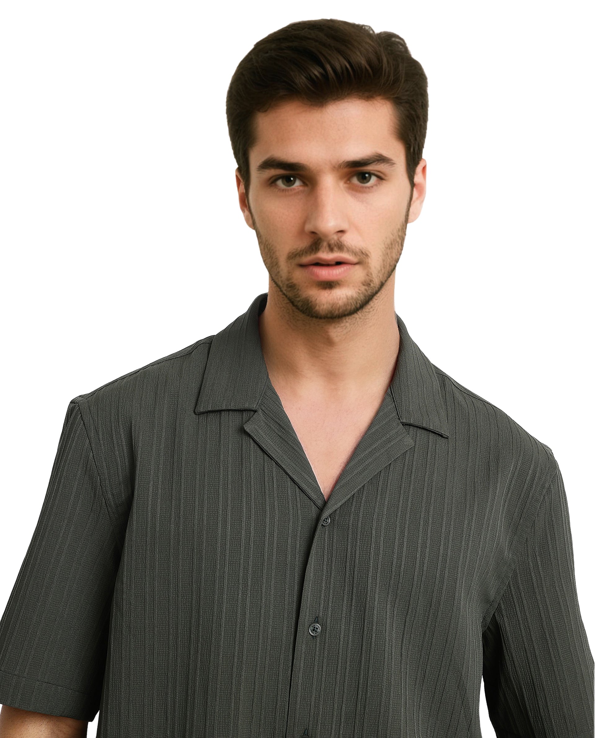 Rare Rabbit Men's Mirtilo Dark Green Polyester Fabric Short Sleeve Cuban Collar Self Stripe Textured Shirt