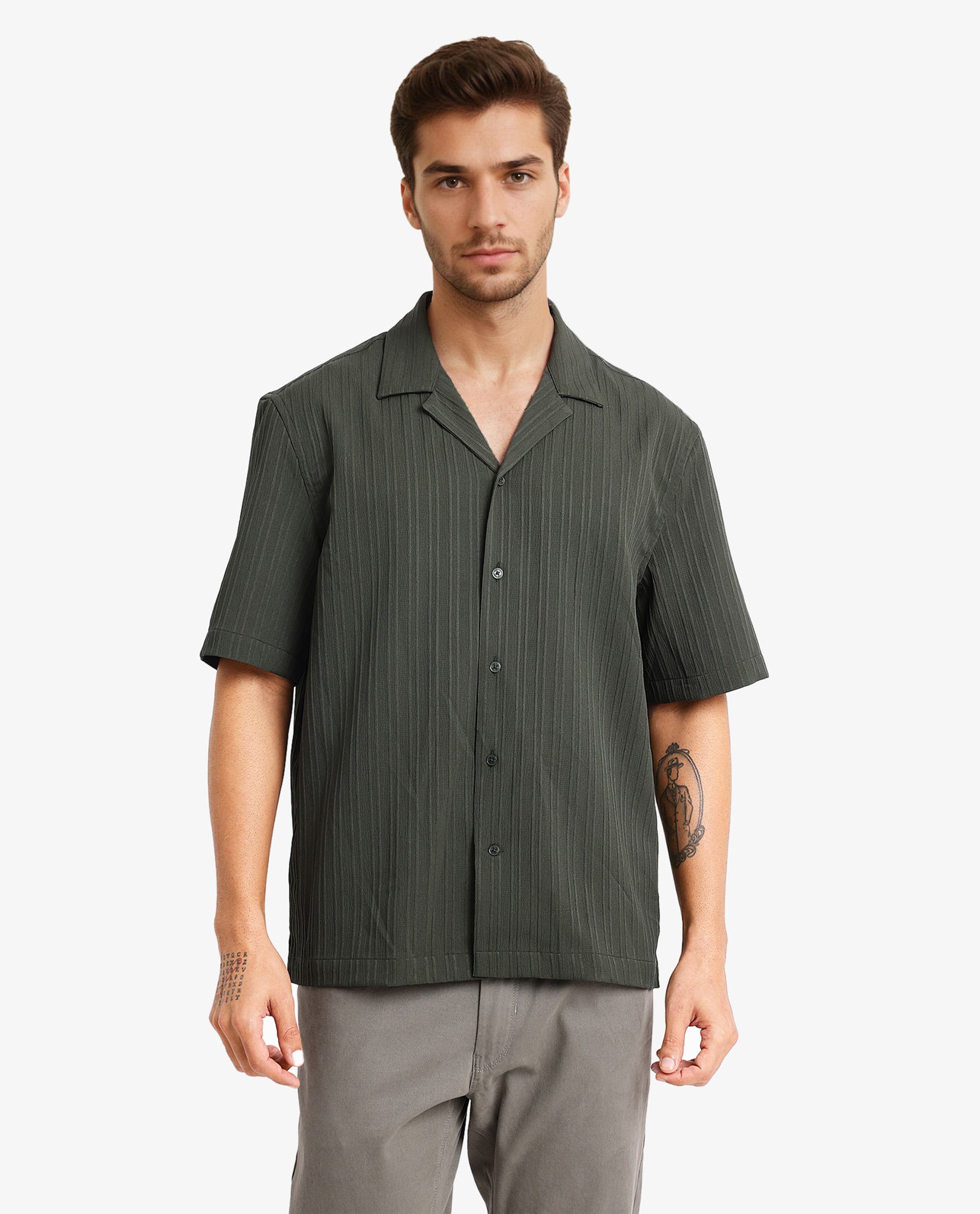 Rare Rabbit Men's Mirtilo Dark Green Polyester Fabric Short Sleeve Cuban Collar Self Stripe Textured Shirt