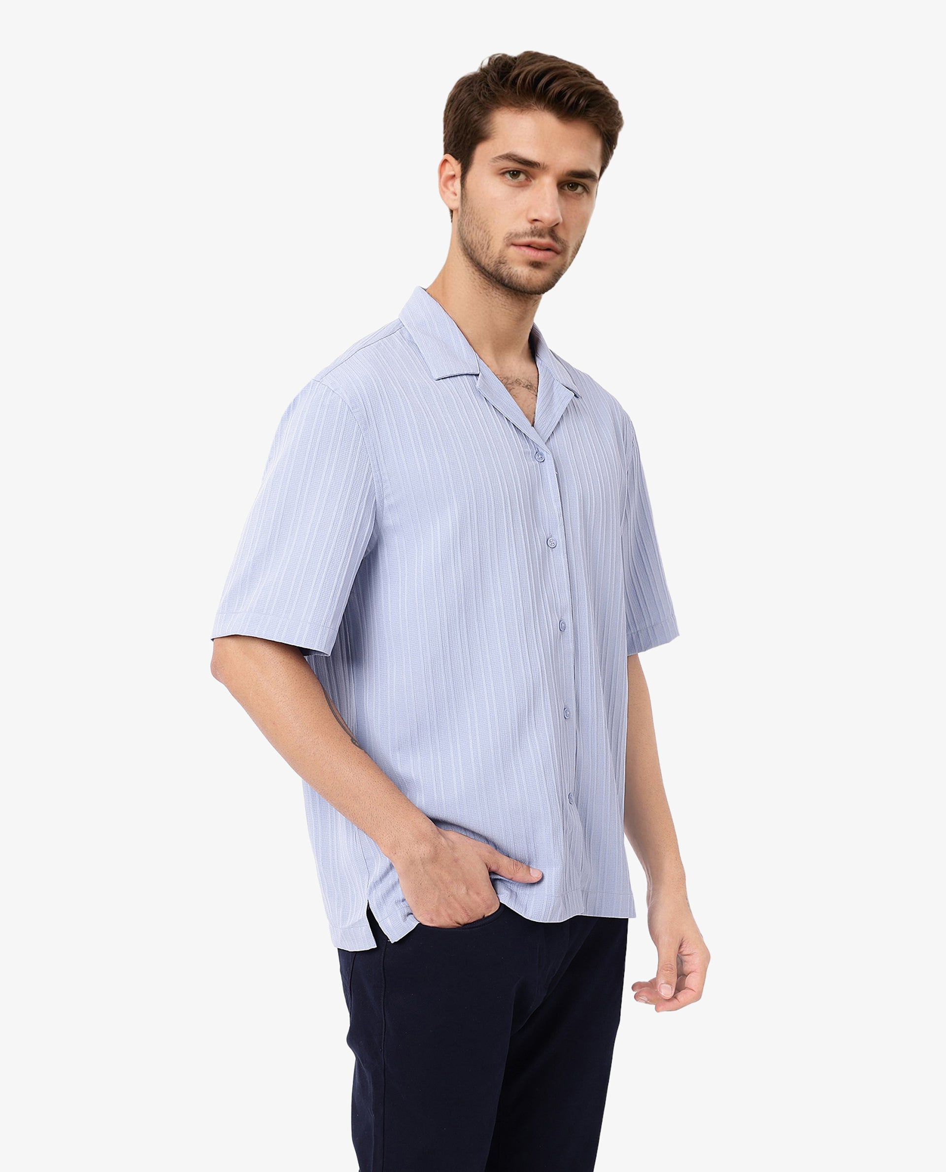 Rare Rabbit Men's Mirtilo Light Blue Polyester Fabric Short Sleeve Cuban Collar Self Stripe Textured Shirt