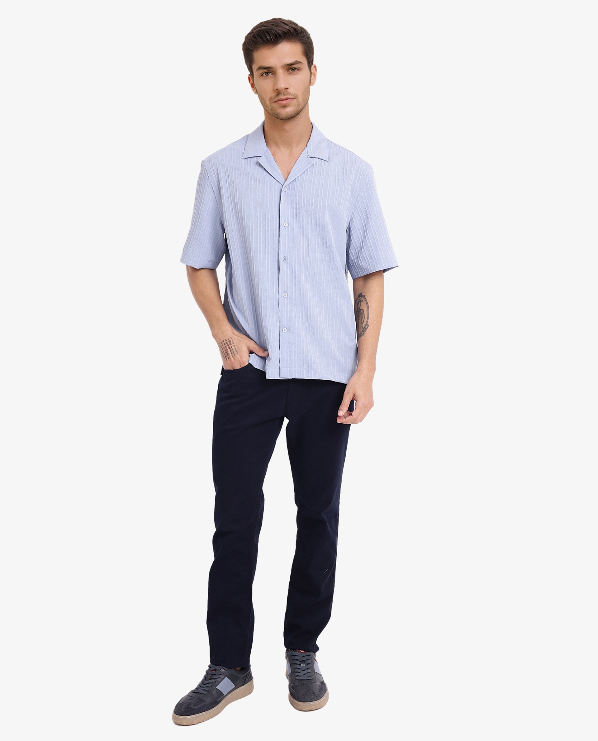 Rare Rabbit Men's Mirtilo Light Blue Polyester Fabric Short Sleeve Cuban Collar Self Stripe Textured Shirt