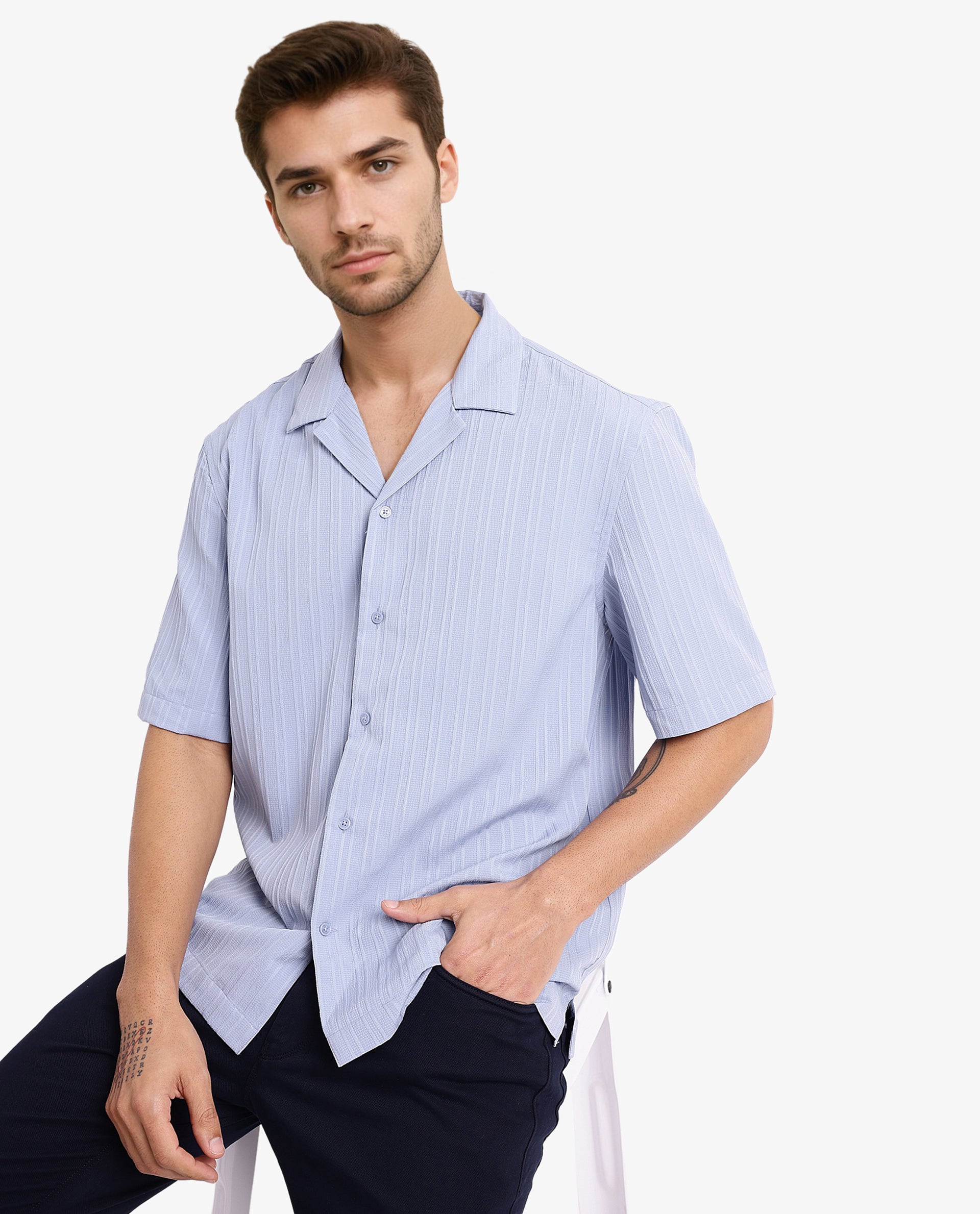 Rare Rabbit Men's Mirtilo Light Blue Polyester Fabric Short Sleeve Cuban Collar Self Stripe Textured Shirt