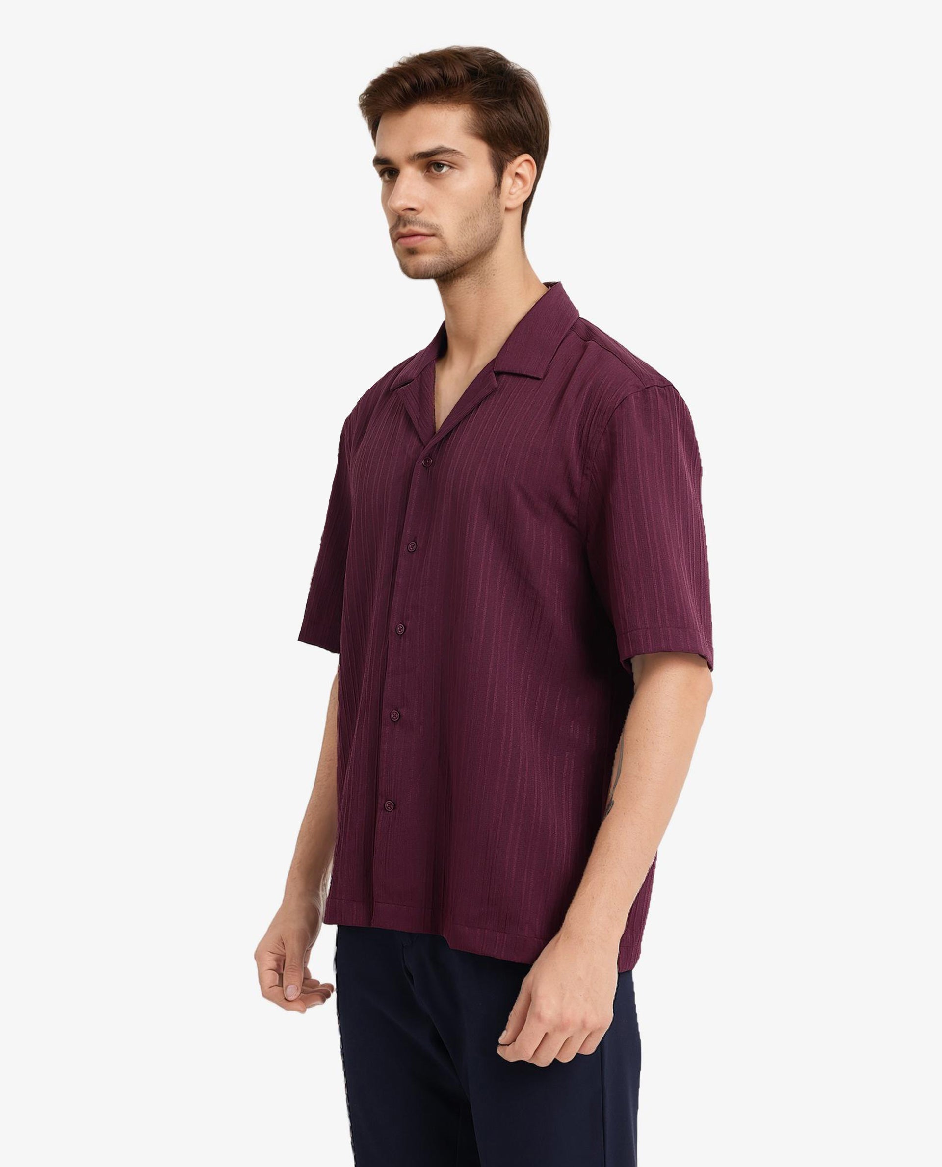 Rare Rabbit Men's Mirtilo Maroon Polyester Fabric Short Sleeve Cuban Collar Self Stripe Textured Shirt