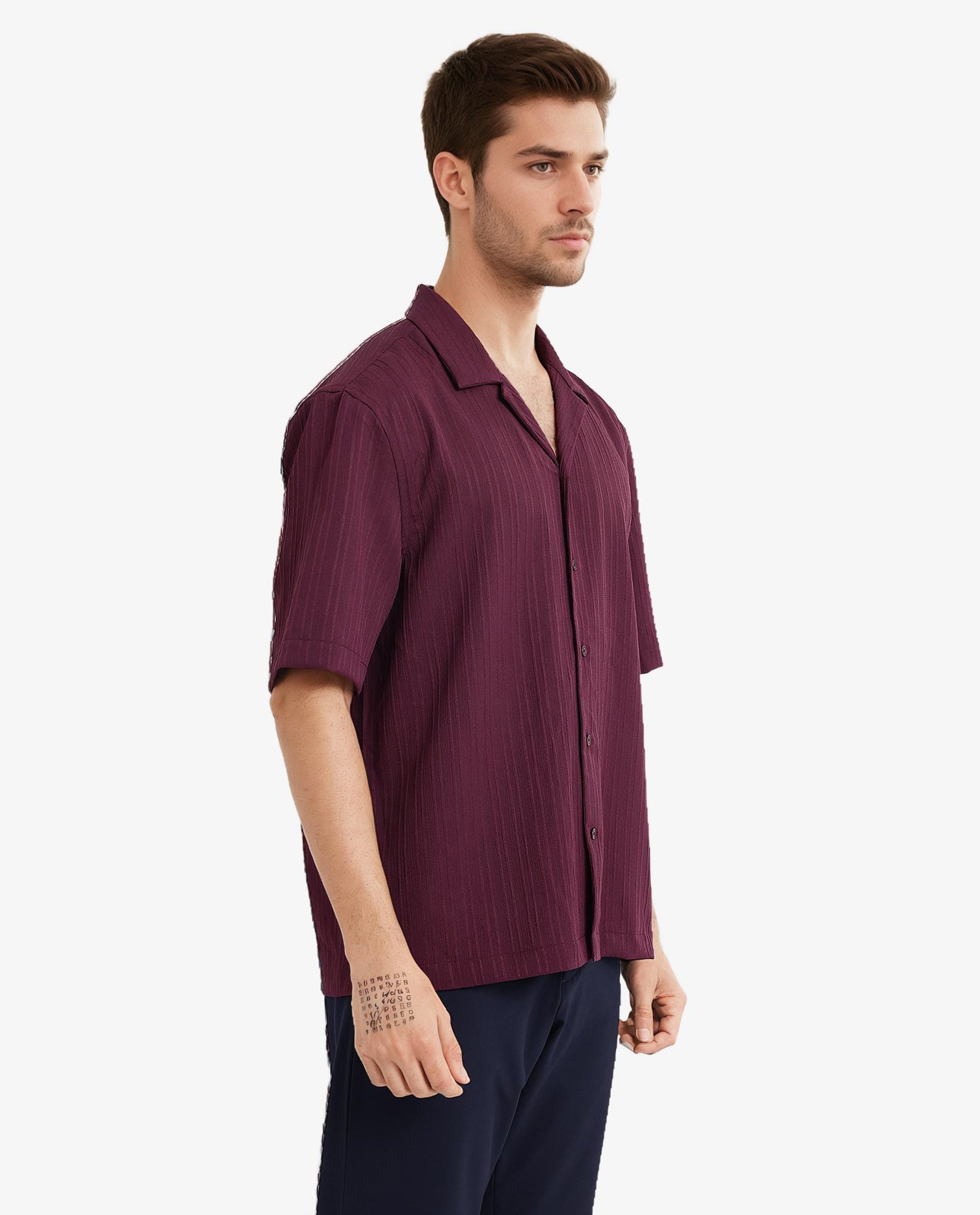 Rare Rabbit Men's Mirtilo Maroon Polyester Fabric Short Sleeve Cuban Collar Self Stripe Textured Shirt