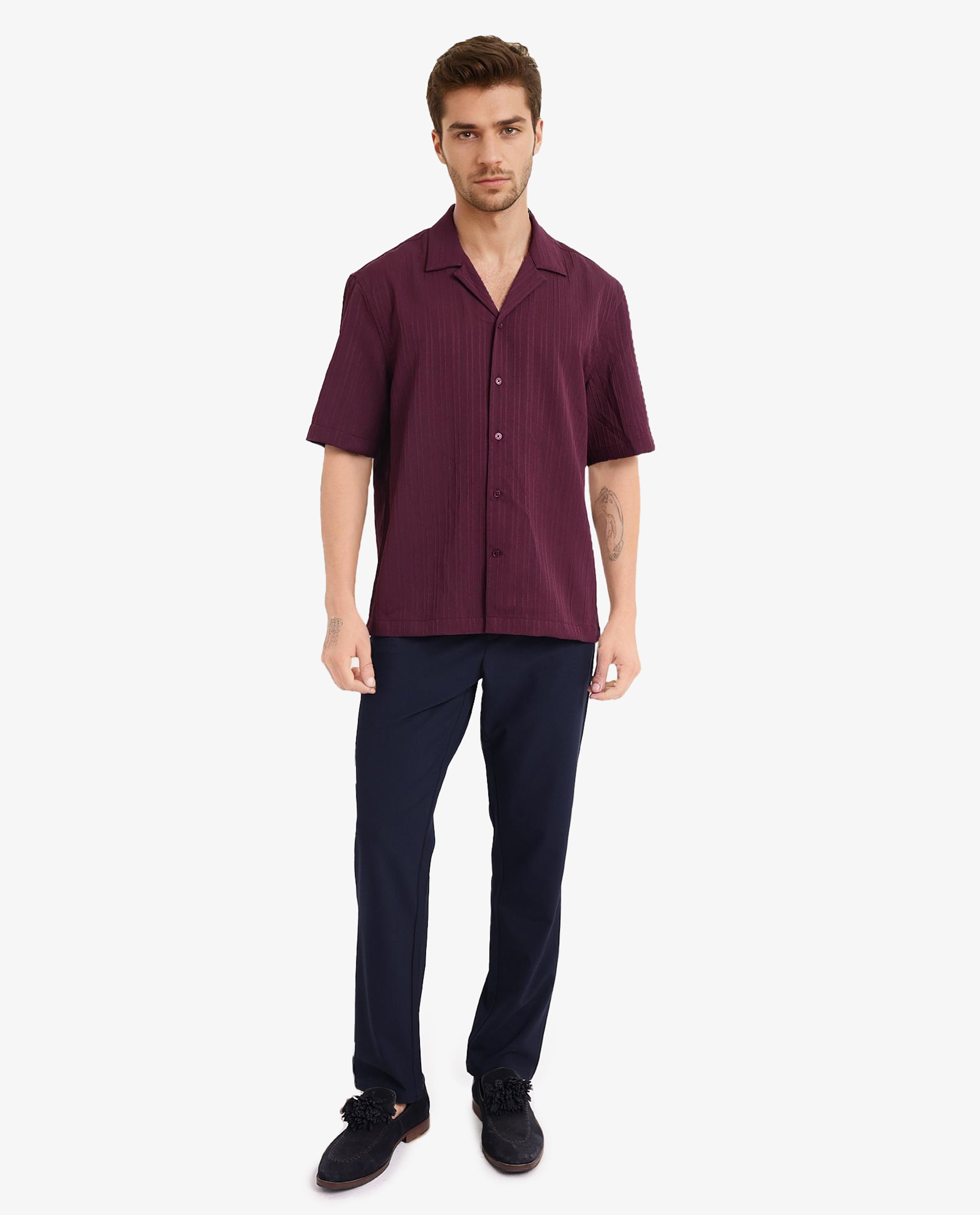 Rare Rabbit Men's Mirtilo Maroon Polyester Fabric Short Sleeve Cuban Collar Self Stripe Textured Shirt