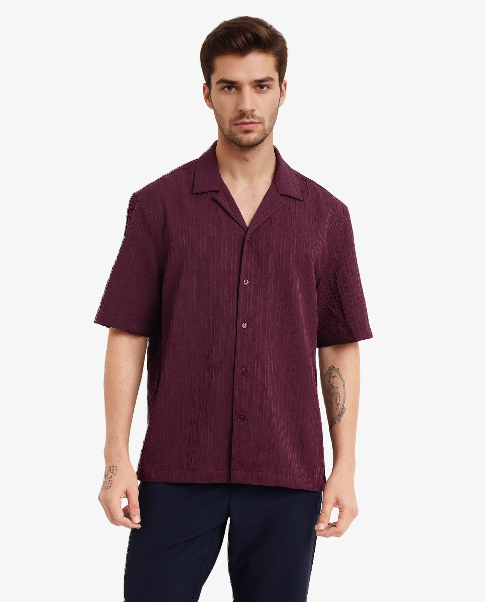 Rare Rabbit Men's Mirtilo Maroon Polyester Fabric Short Sleeve Cuban Collar Self Stripe Textured Shirt