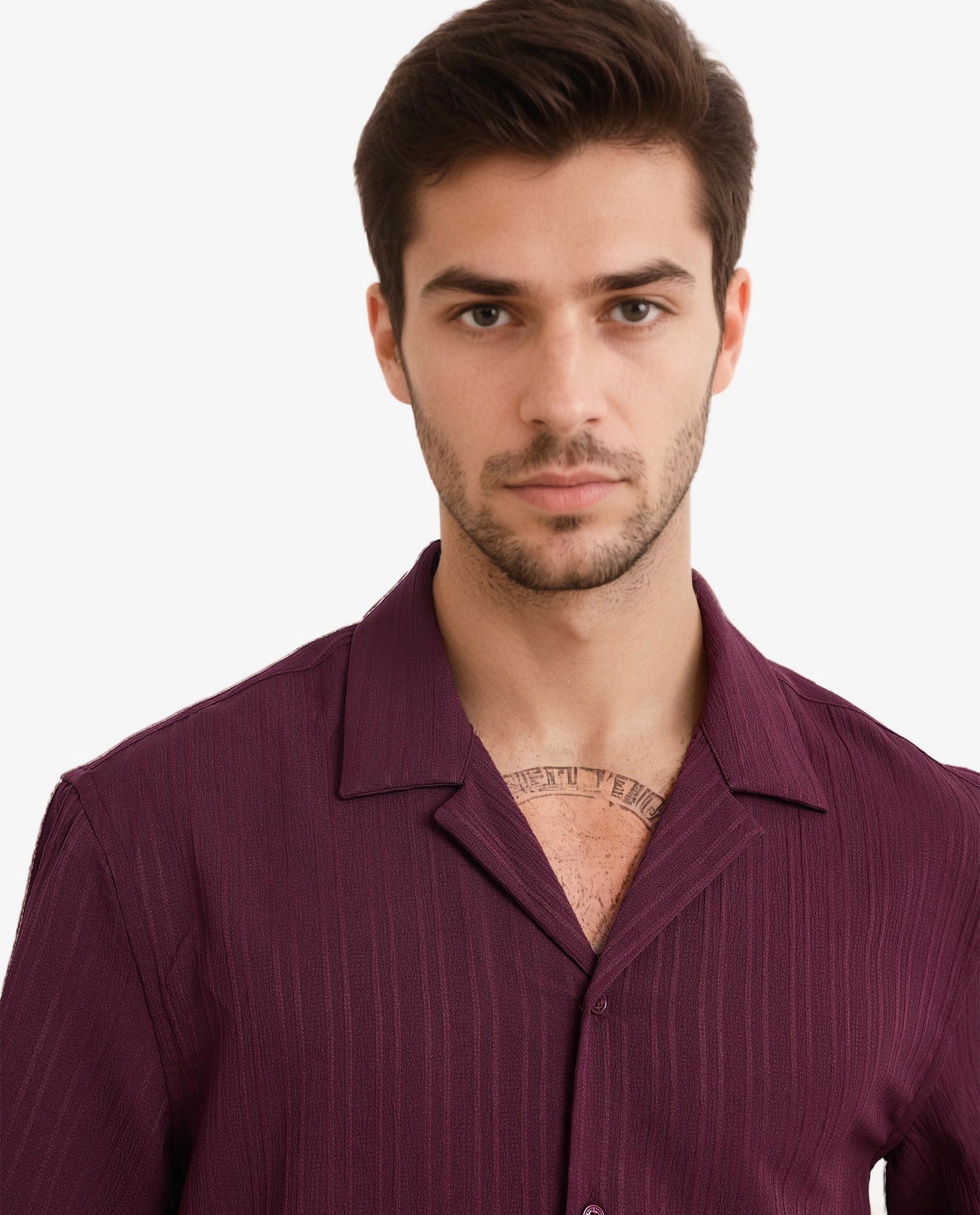 Rare Rabbit Men's Mirtilo Maroon Polyester Fabric Short Sleeve Cuban Collar Self Stripe Textured Shirt