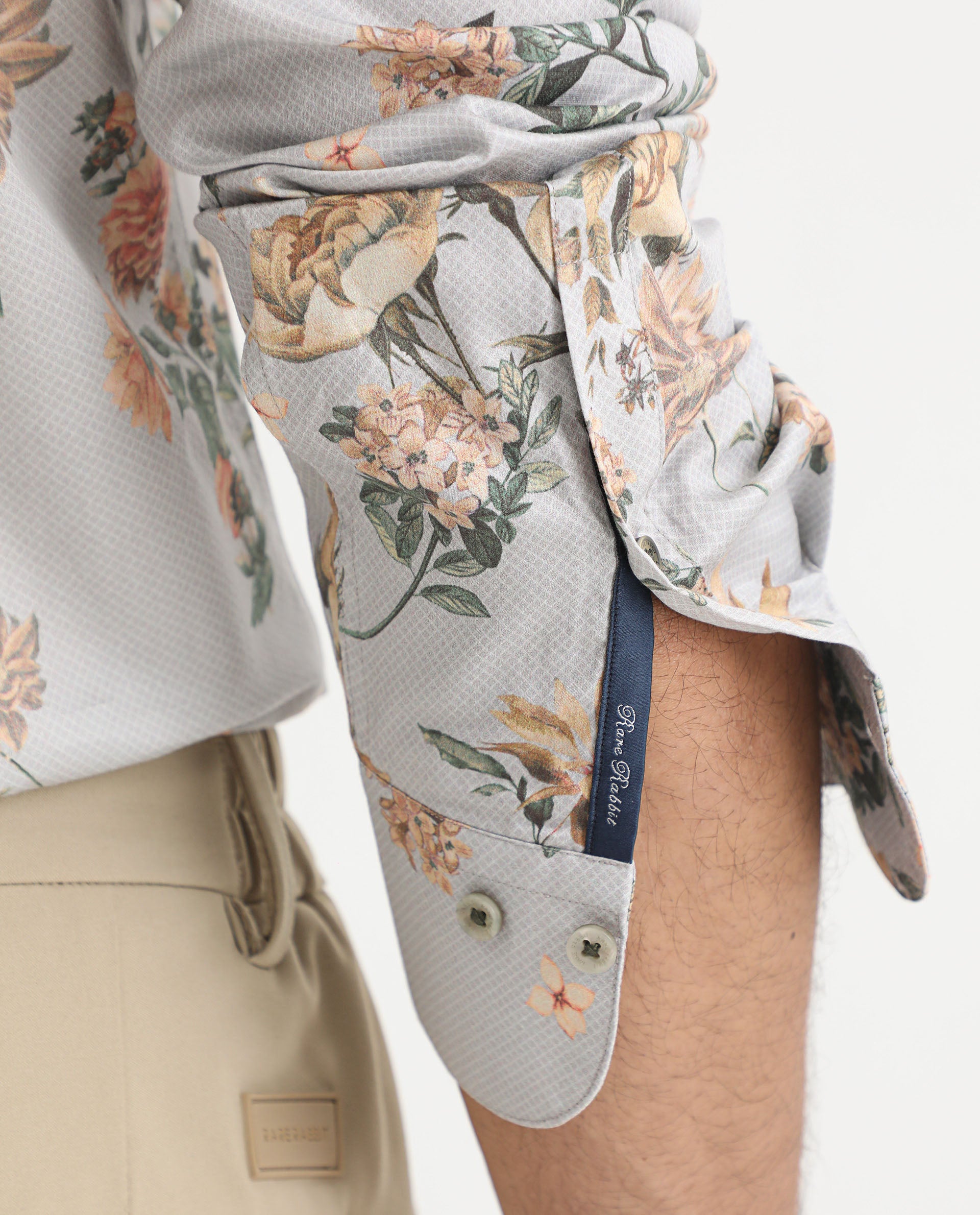 Rare Rabbit Men's Misa Grey Full Sleeves Floral Print Cotton Fabric Shirt