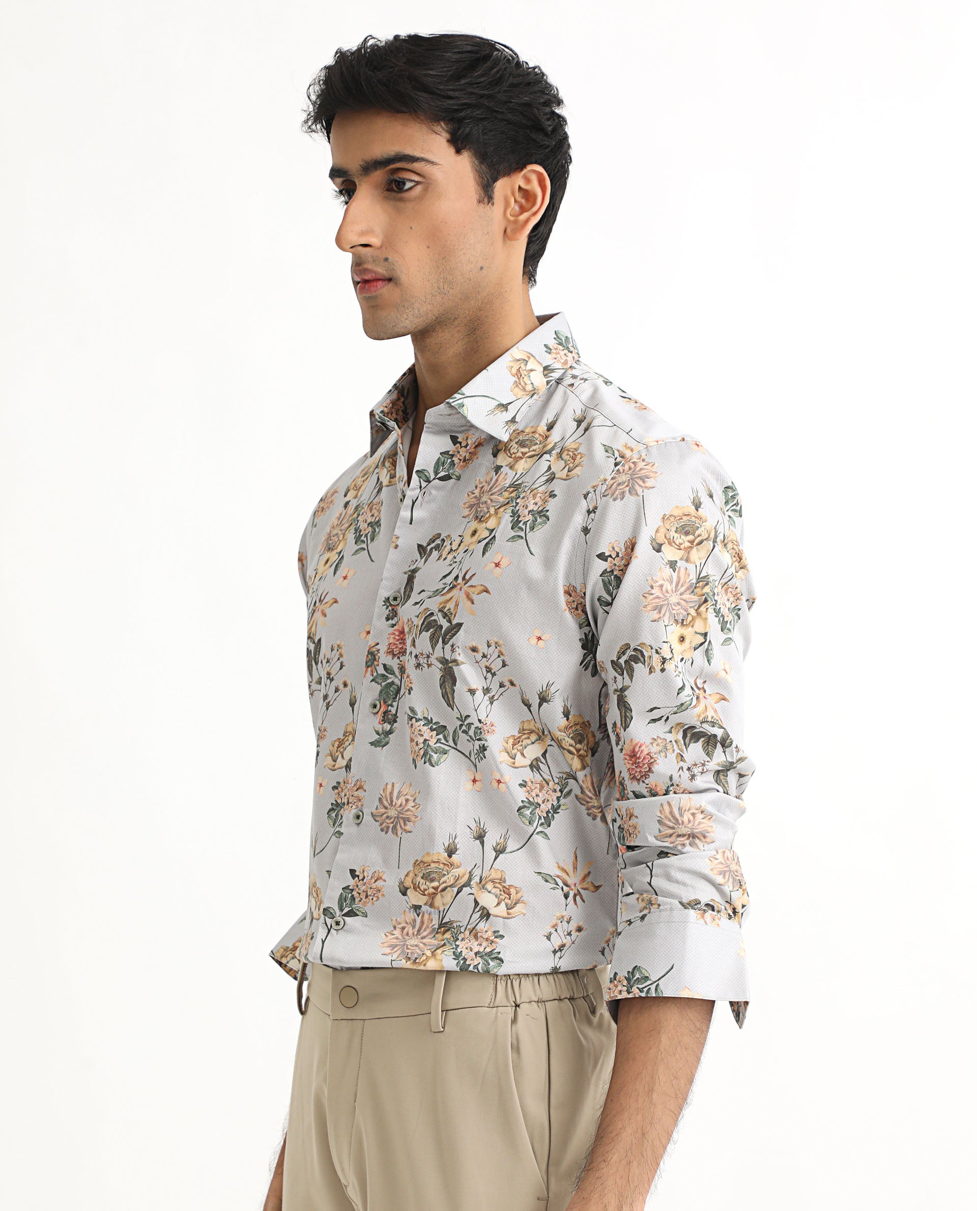 Rare Rabbit Men's Misa Grey Full Sleeves Floral Print Cotton Fabric Shirt