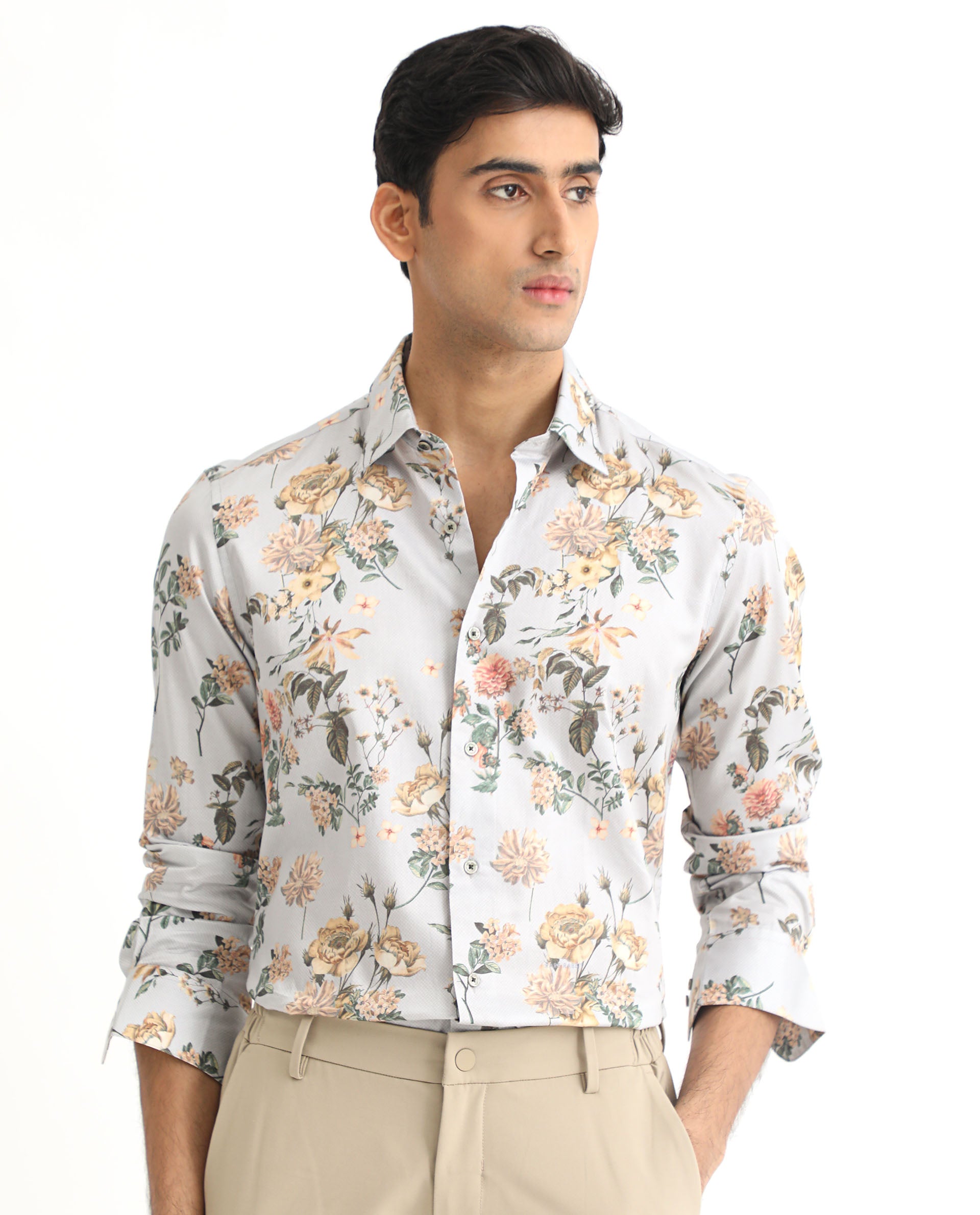 Rare Rabbit Men's Misa Grey Full Sleeves Floral Print Cotton Fabric Shirt