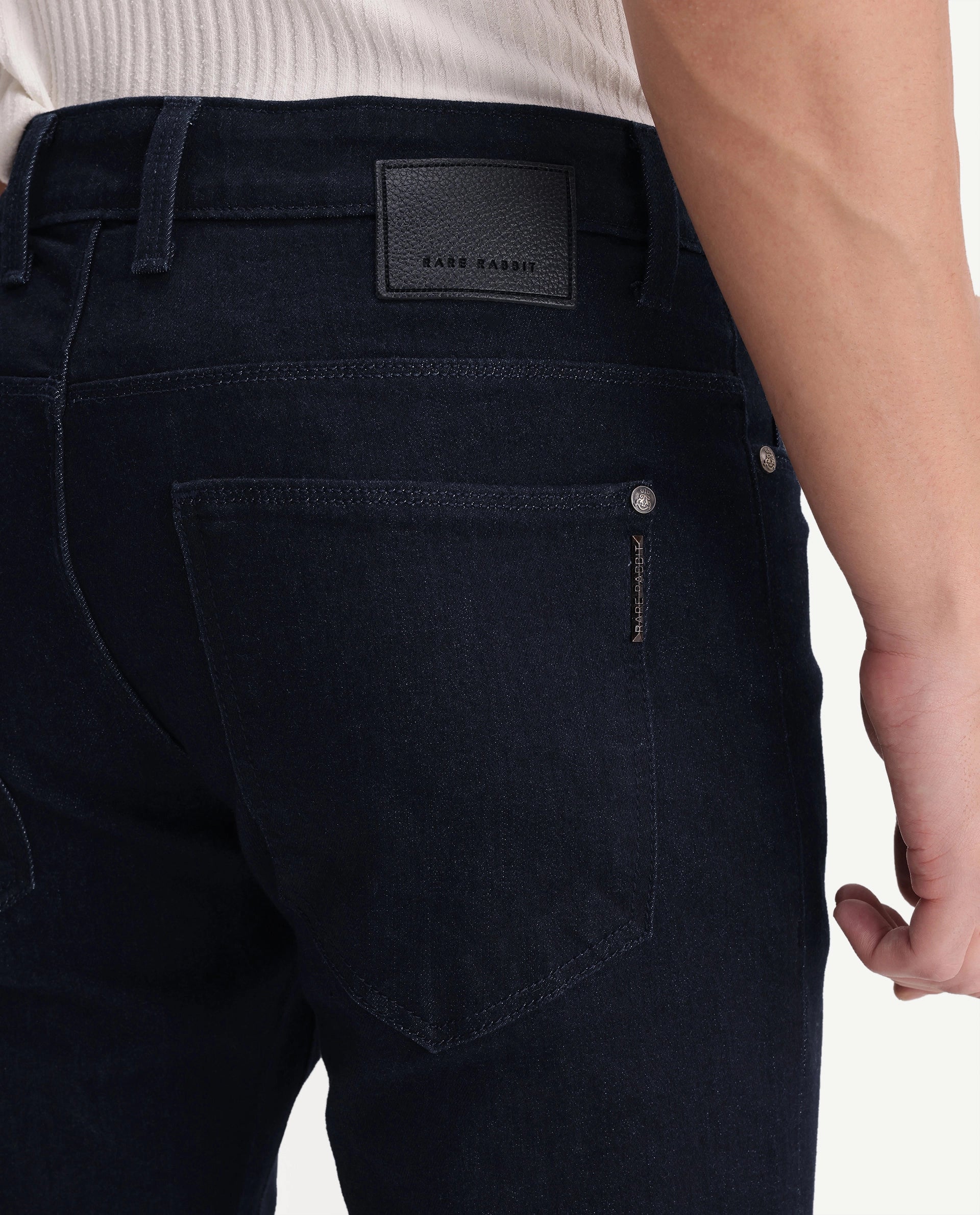 Rare Rabbit Men's Mist Dark Navy Cotton Blend Hawk Slim Plain Jeans