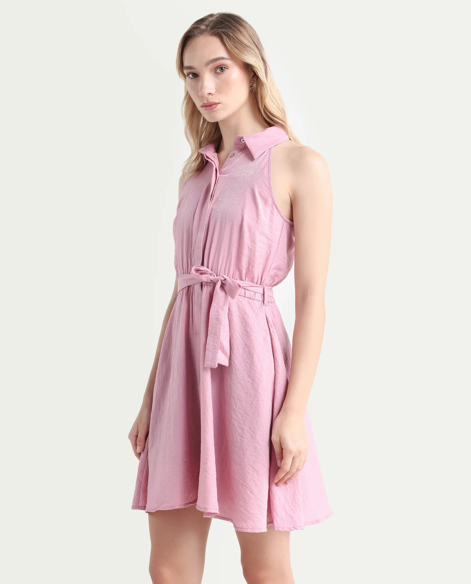 Rareism Women's Mistletoe Pink Nylon Blend Spread Collar Plain Sleeveless Knee Length Regular Fit Dress