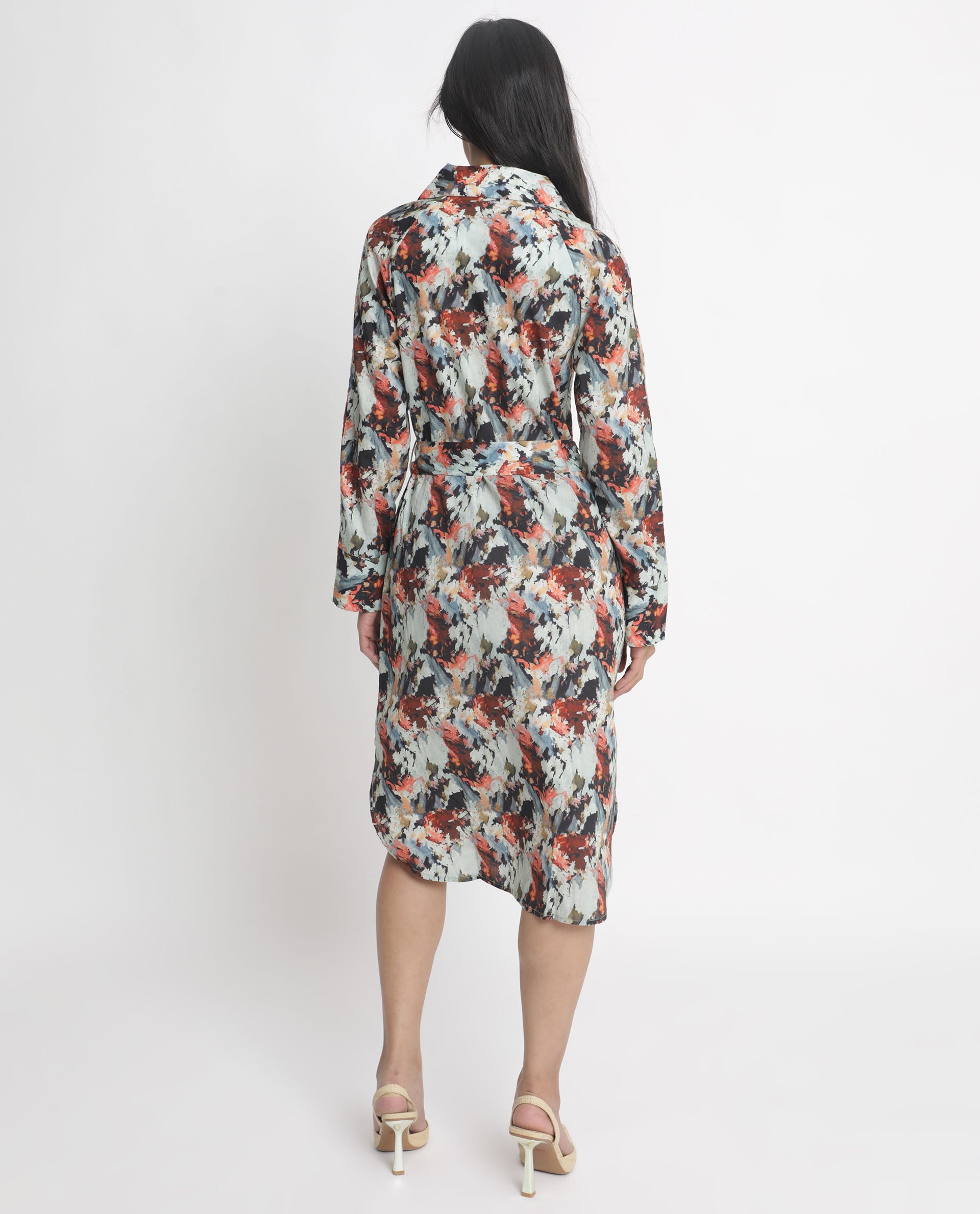 Rareism Women Mitchell Multi Cotton Fabric Full Sleeves Button Closure Shirt Collar Regular Fit Abstract Print Knee Length Shirt Type Dress