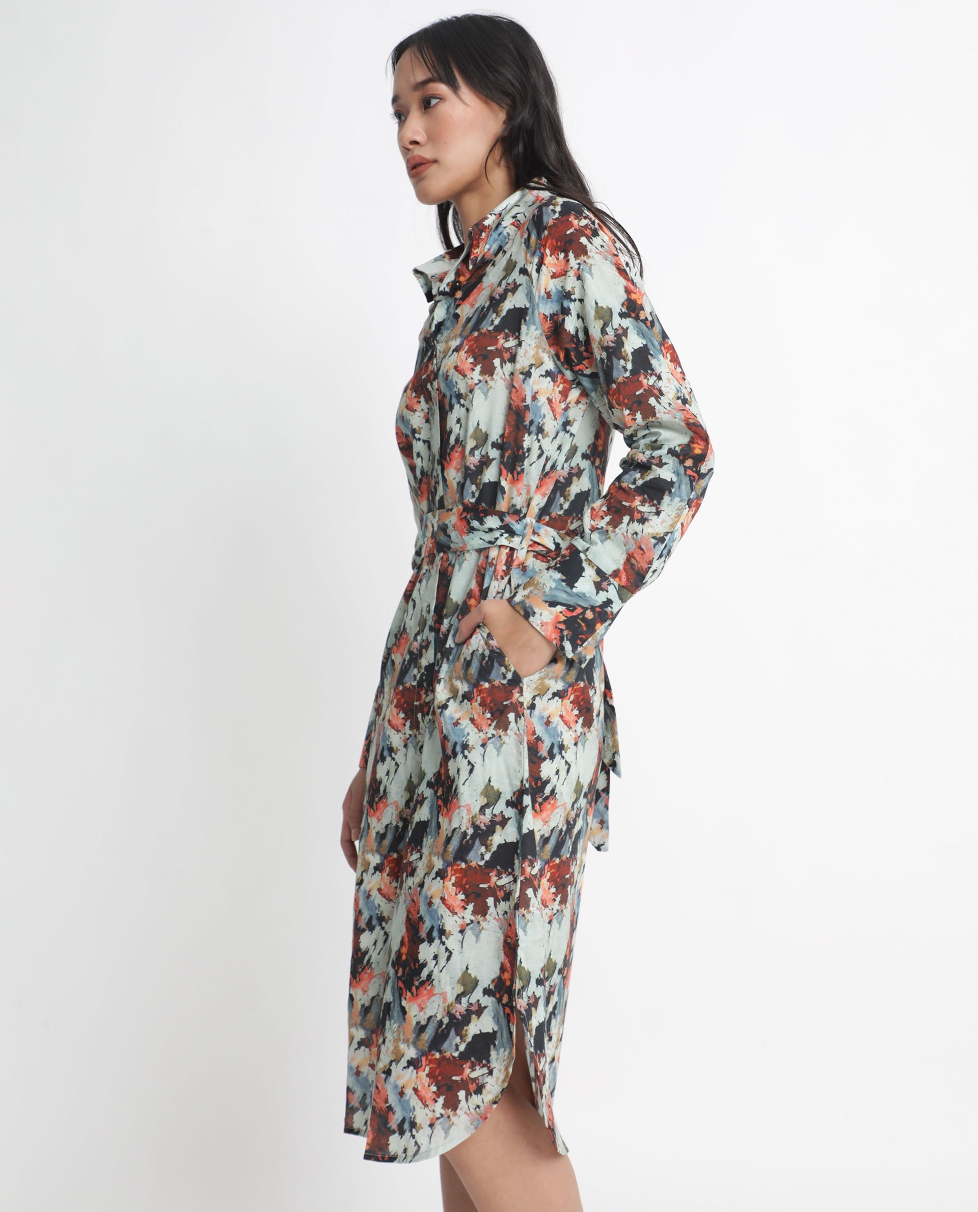 Rareism Women Mitchell Multi Cotton Fabric Full Sleeves Button Closure Shirt Collar Regular Fit Abstract Print Knee Length Shirt Type Dress