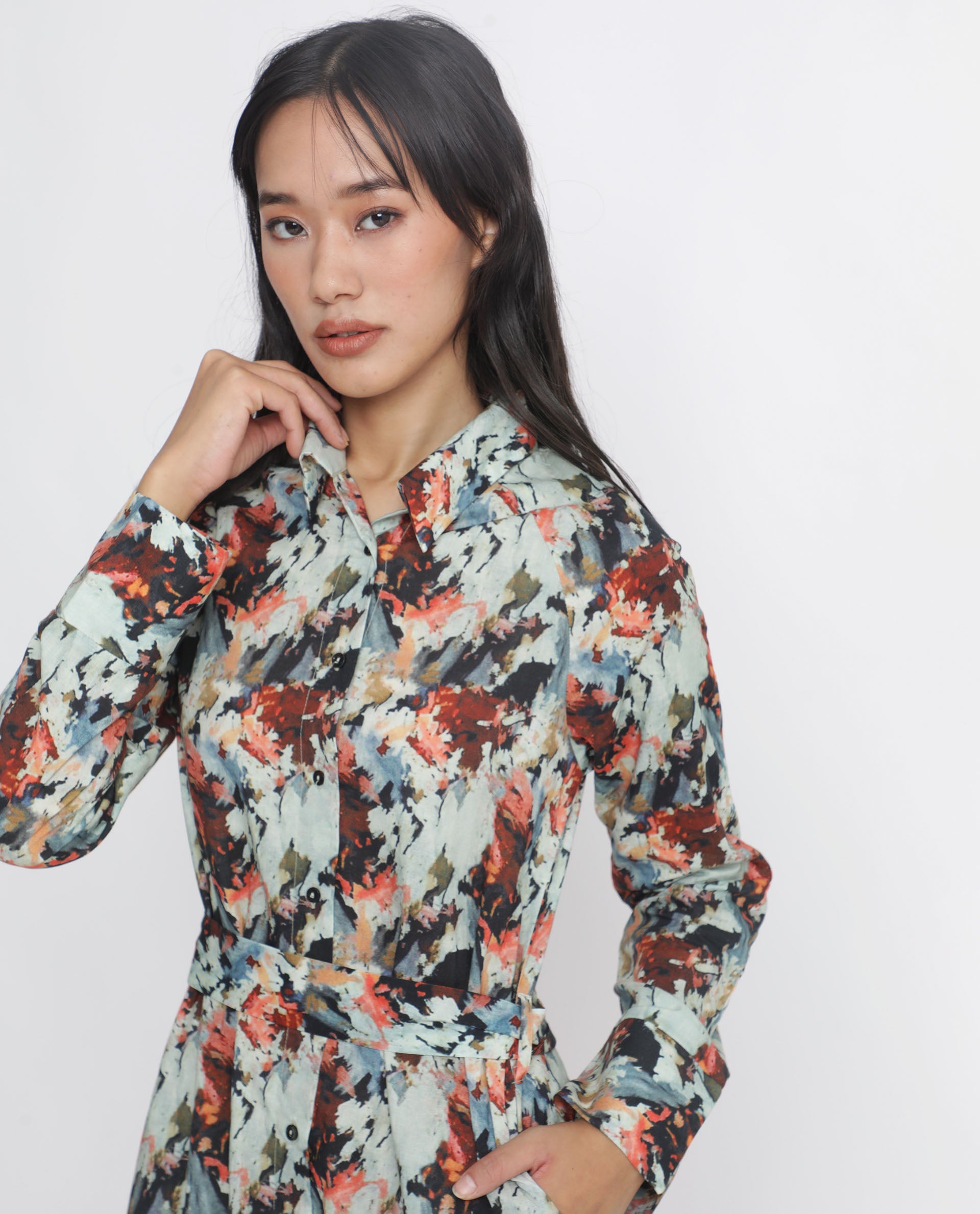 Rareism Women Mitchell Multi Cotton Fabric Full Sleeves Button Closure Shirt Collar Regular Fit Abstract Print Knee Length Shirt Type Dress