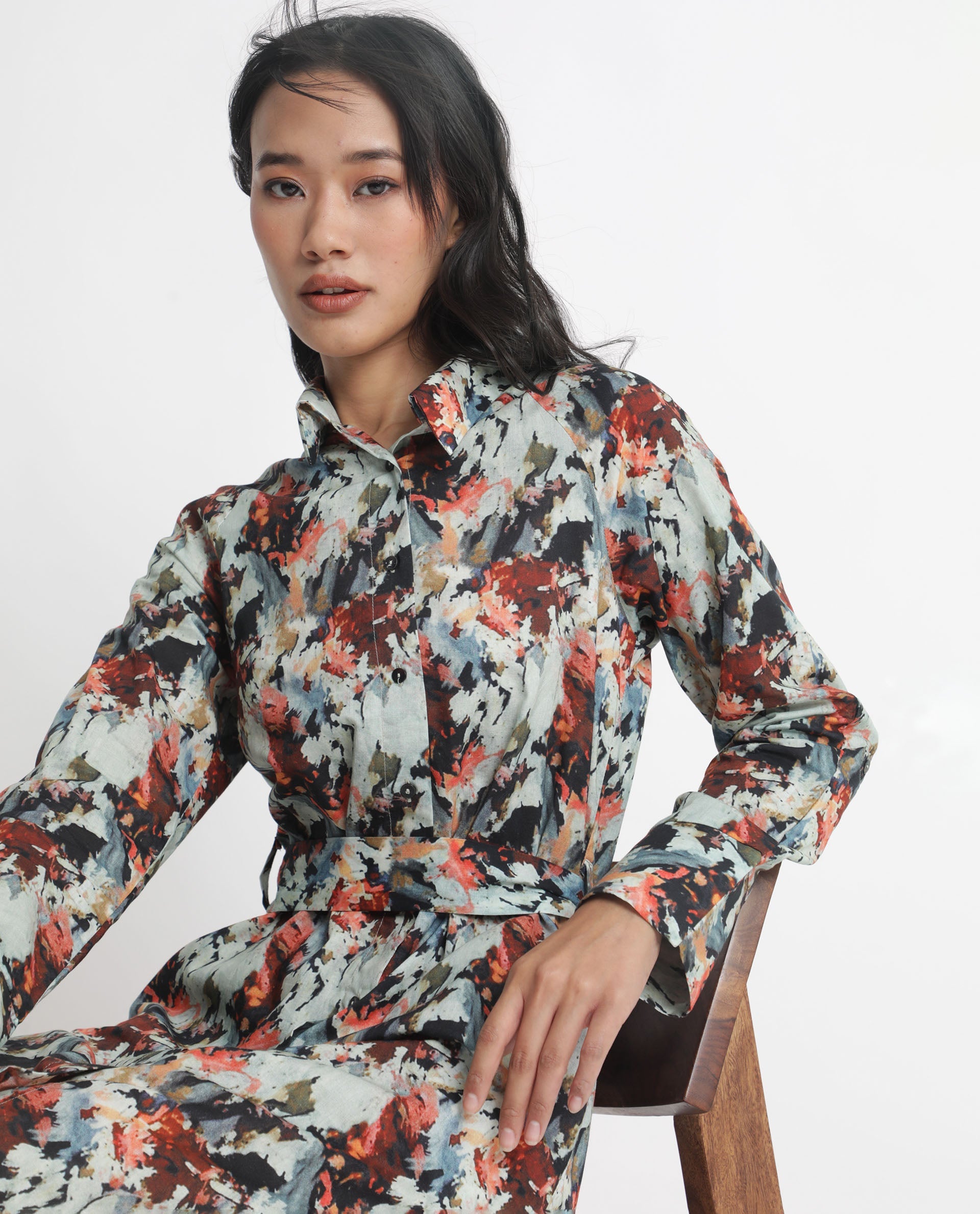 Rareism Women Mitchell Multi Cotton Fabric Full Sleeves Button Closure Shirt Collar Regular Fit Abstract Print Knee Length Shirt Type Dress