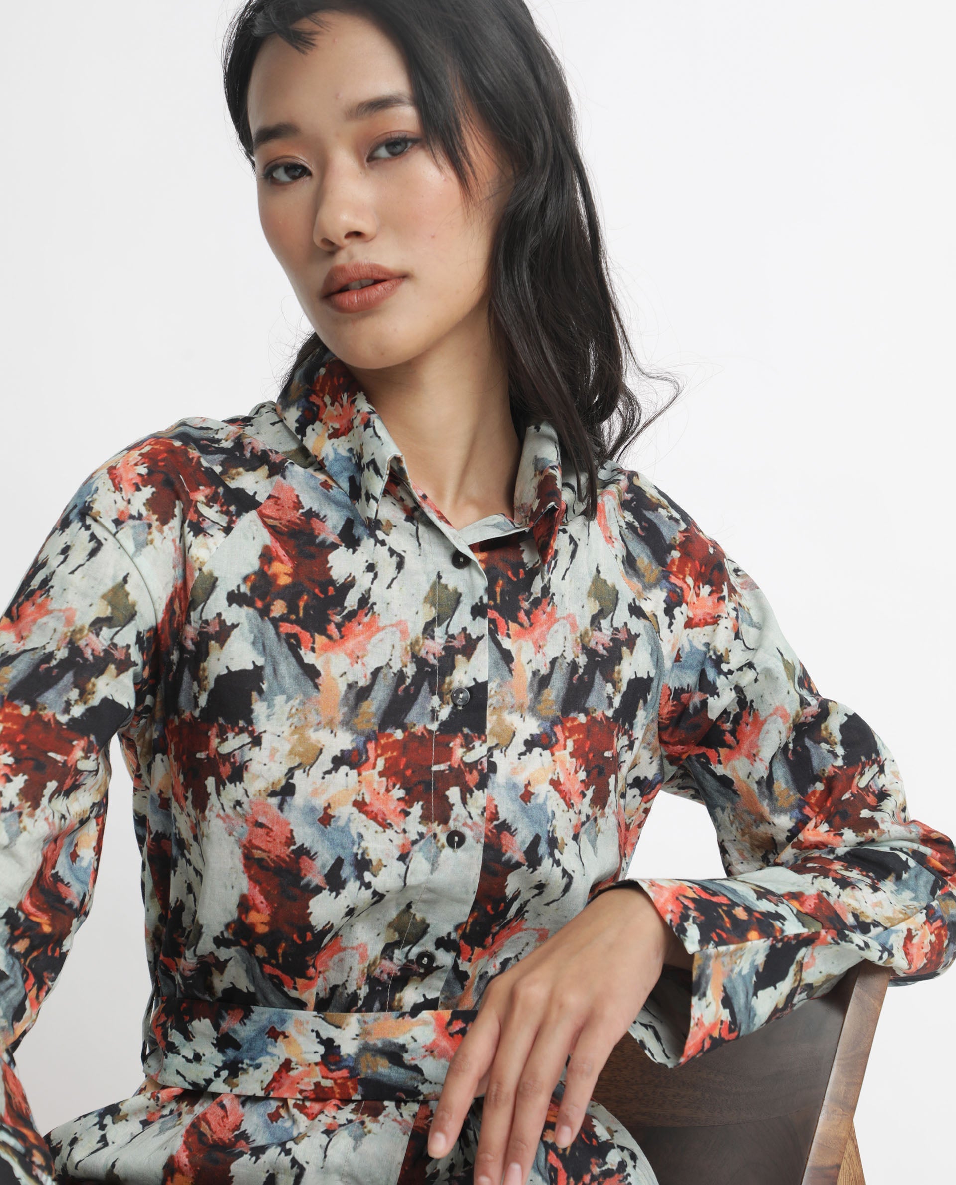 Rareism Women Mitchell Multi Cotton Fabric Full Sleeves Button Closure Shirt Collar Regular Fit Abstract Print Knee Length Shirt Type Dress