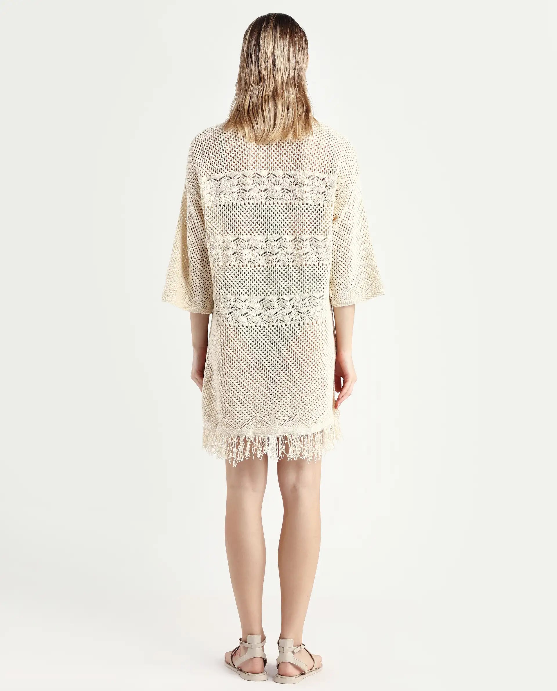 Rareism Women's Mitsuko Off White Cotton Key Hole Neck Plain Knee Length Relaxed Fit Dress