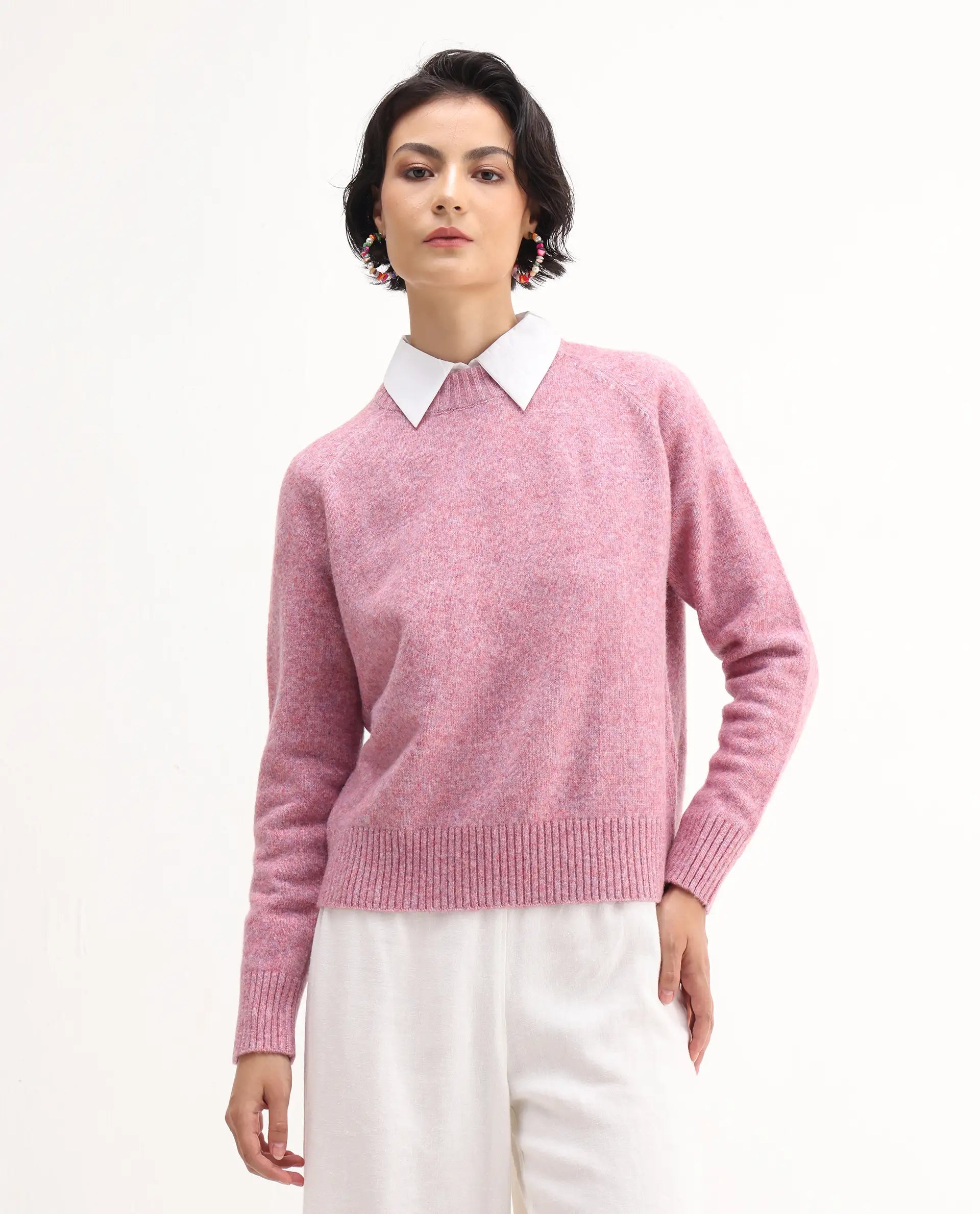 Rareism Women's Mitsu Light Pink Acrylic Blend Crew Neck Relaxed Fit Sweater