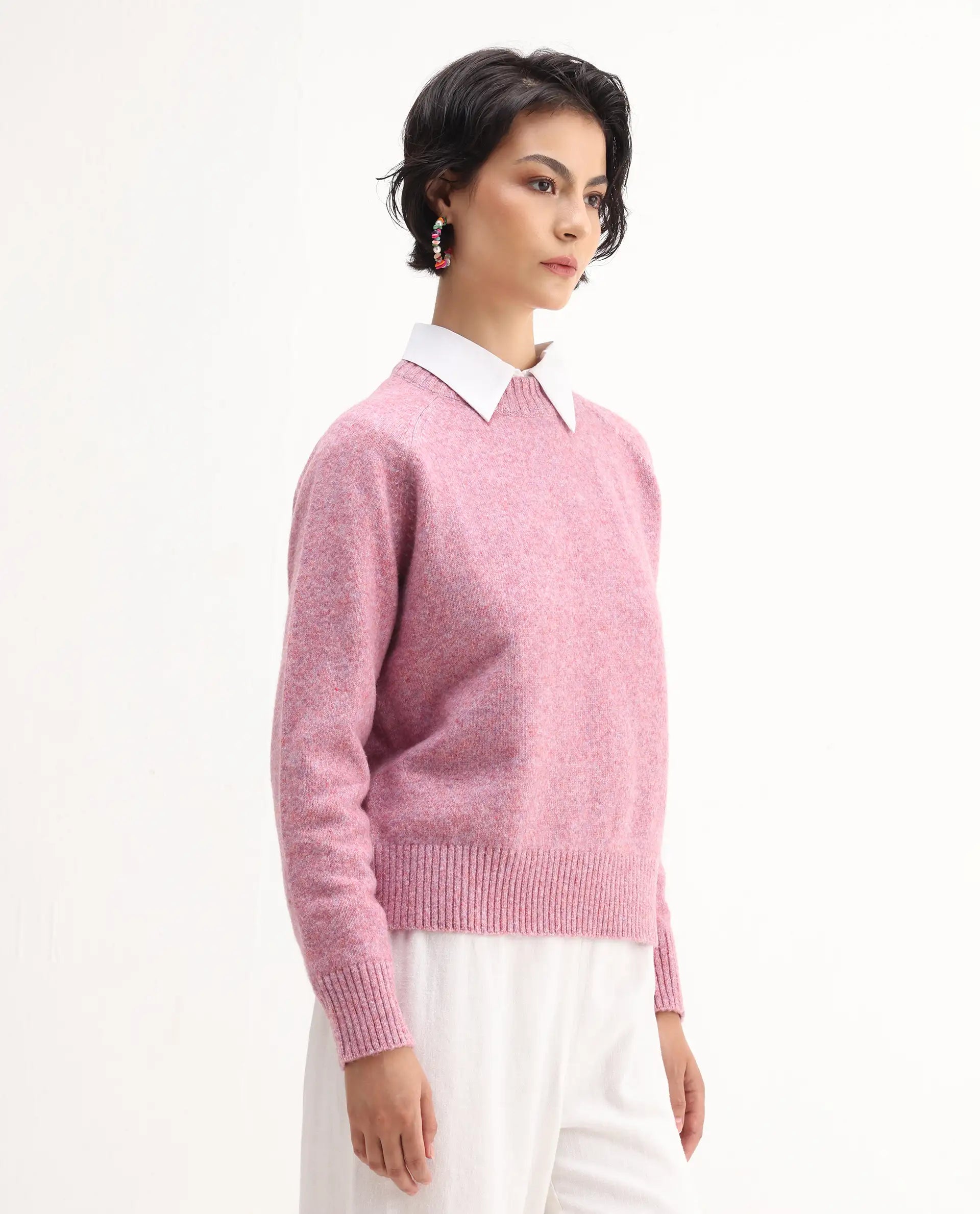 Rareism Women's Mitsu Light Pink Acrylic Blend Crew Neck Relaxed Fit Sweater