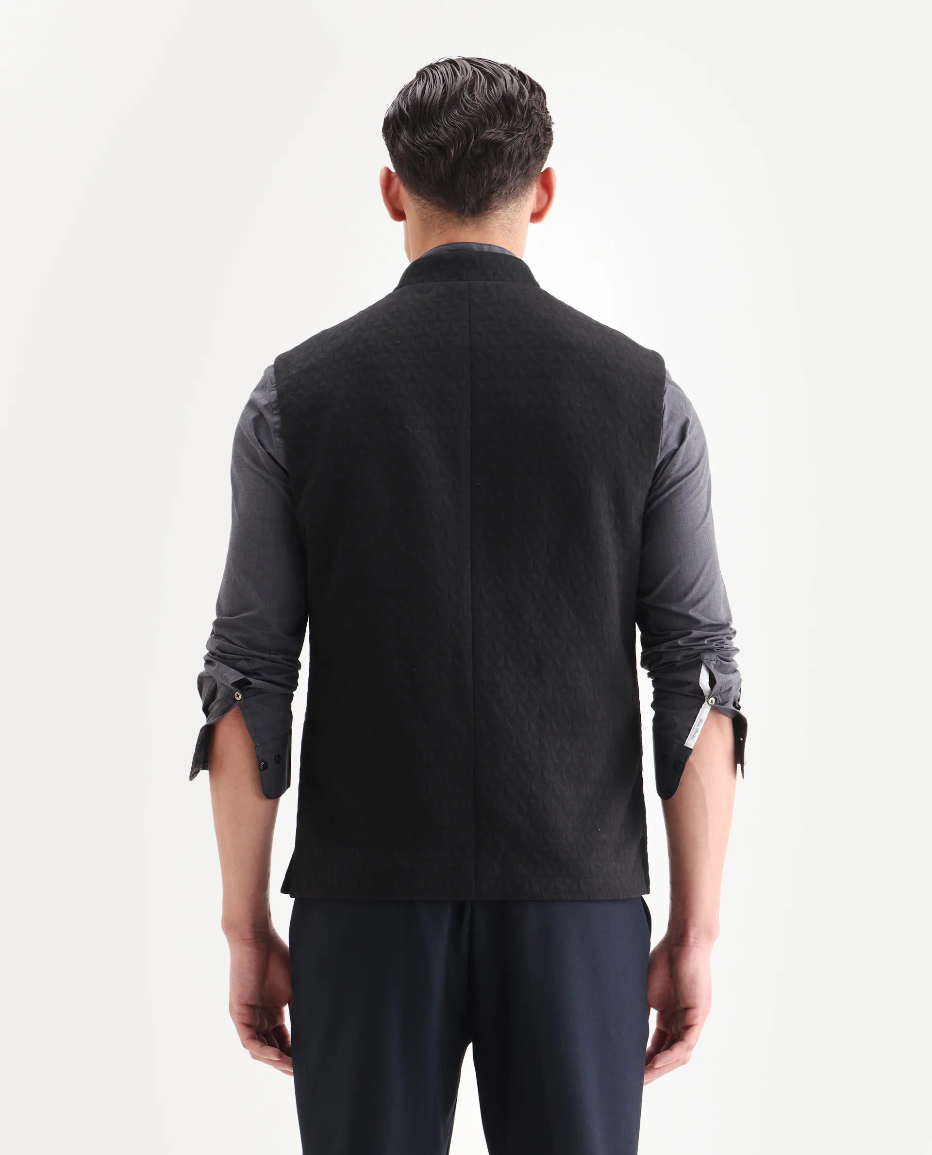 Rare Rabbit Men's Mitzi Black Cotton Jacquard Tailored Fit Sleeveless Mandarin Collar Bandhgala