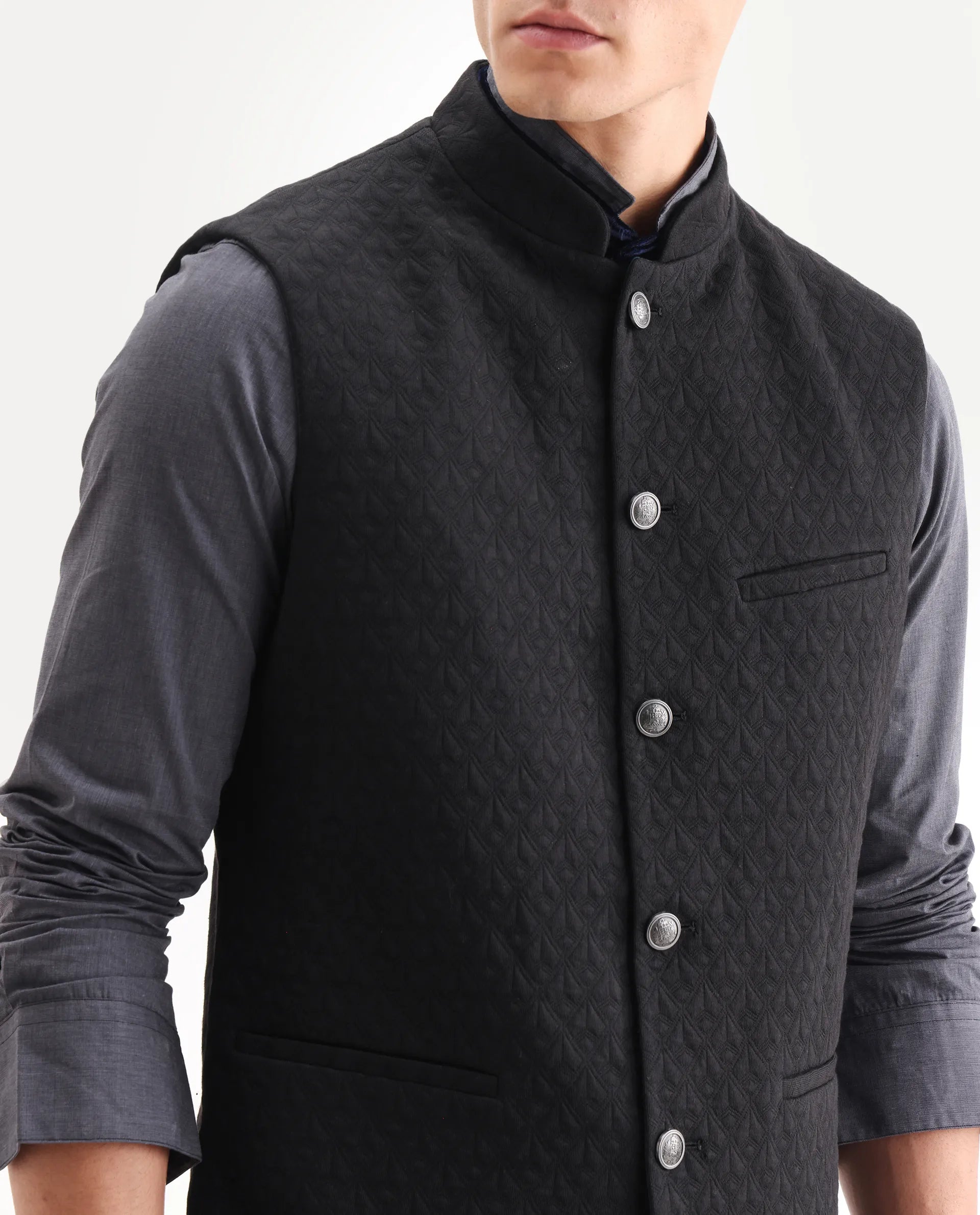 Rare Rabbit Men's Mitzi Black Cotton Jacquard Tailored Fit Sleeveless Mandarin Collar Bandhgala