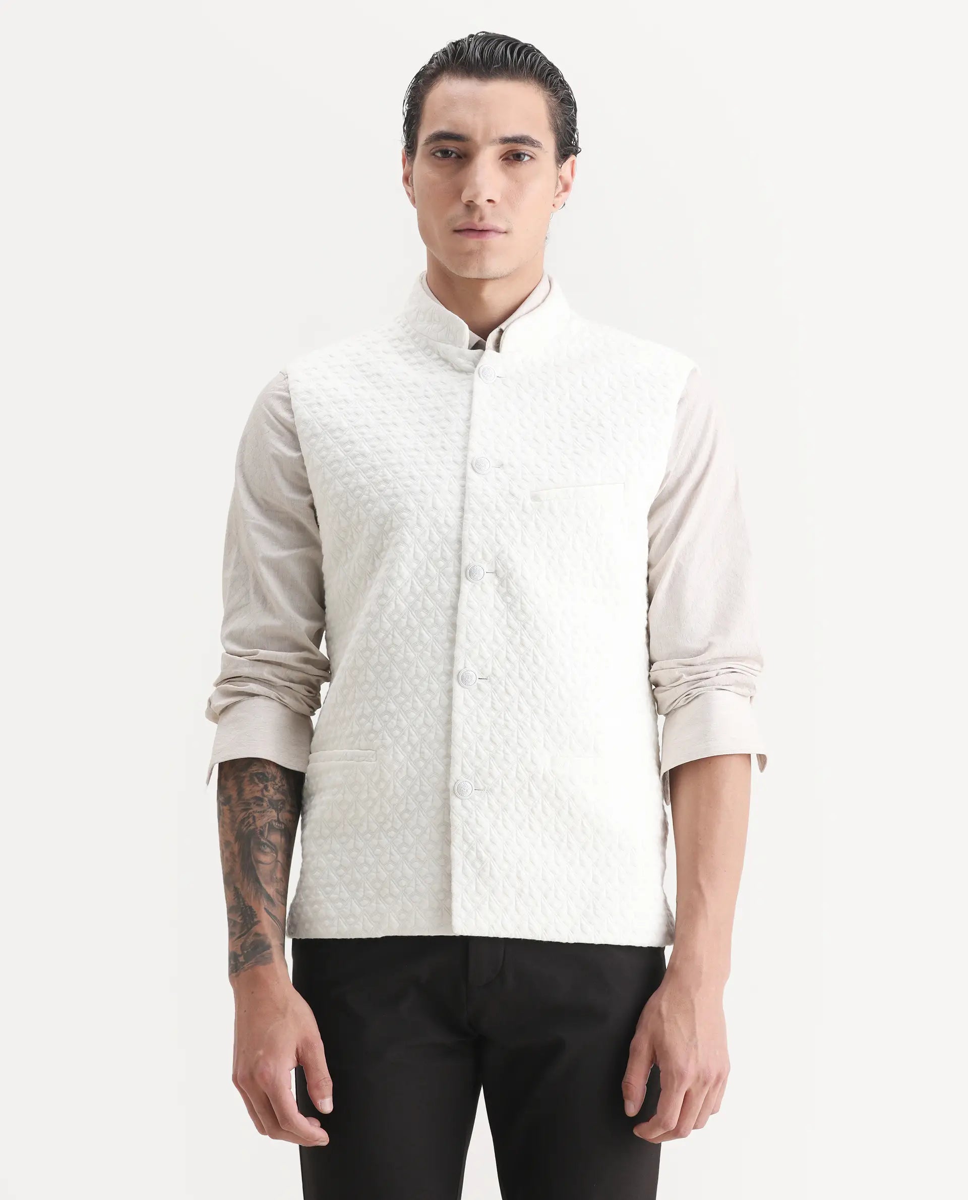 Rare Rabbit Men's Mitzi Off White Cotton Jacquard Tailored Fit Sleeveless Mandarin Collar Bandhgala