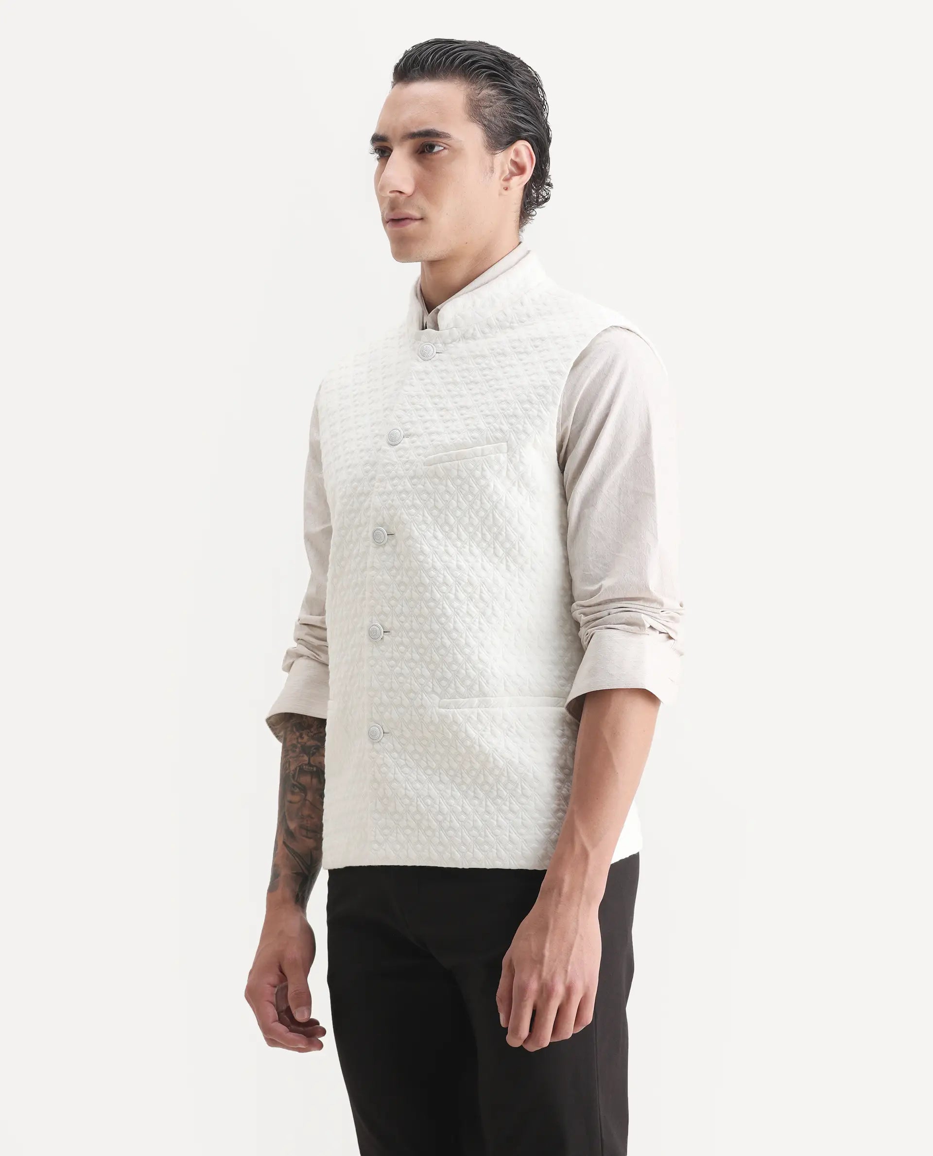 Rare Rabbit Men's Mitzi Off White Cotton Jacquard Tailored Fit Sleeveless Mandarin Collar Bandhgala