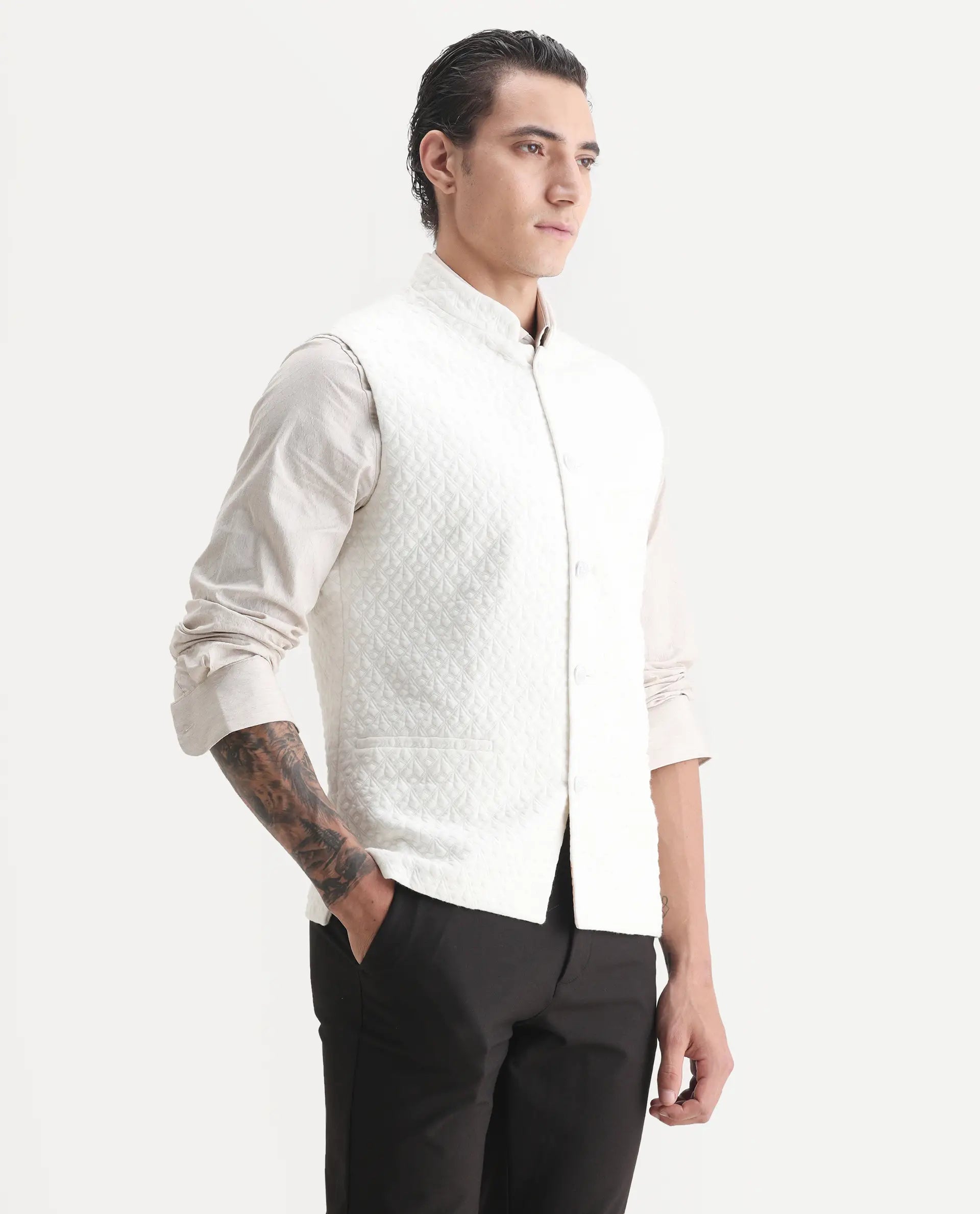 Rare Rabbit Men's Mitzi Off White Cotton Jacquard Tailored Fit Sleeveless Mandarin Collar Bandhgala