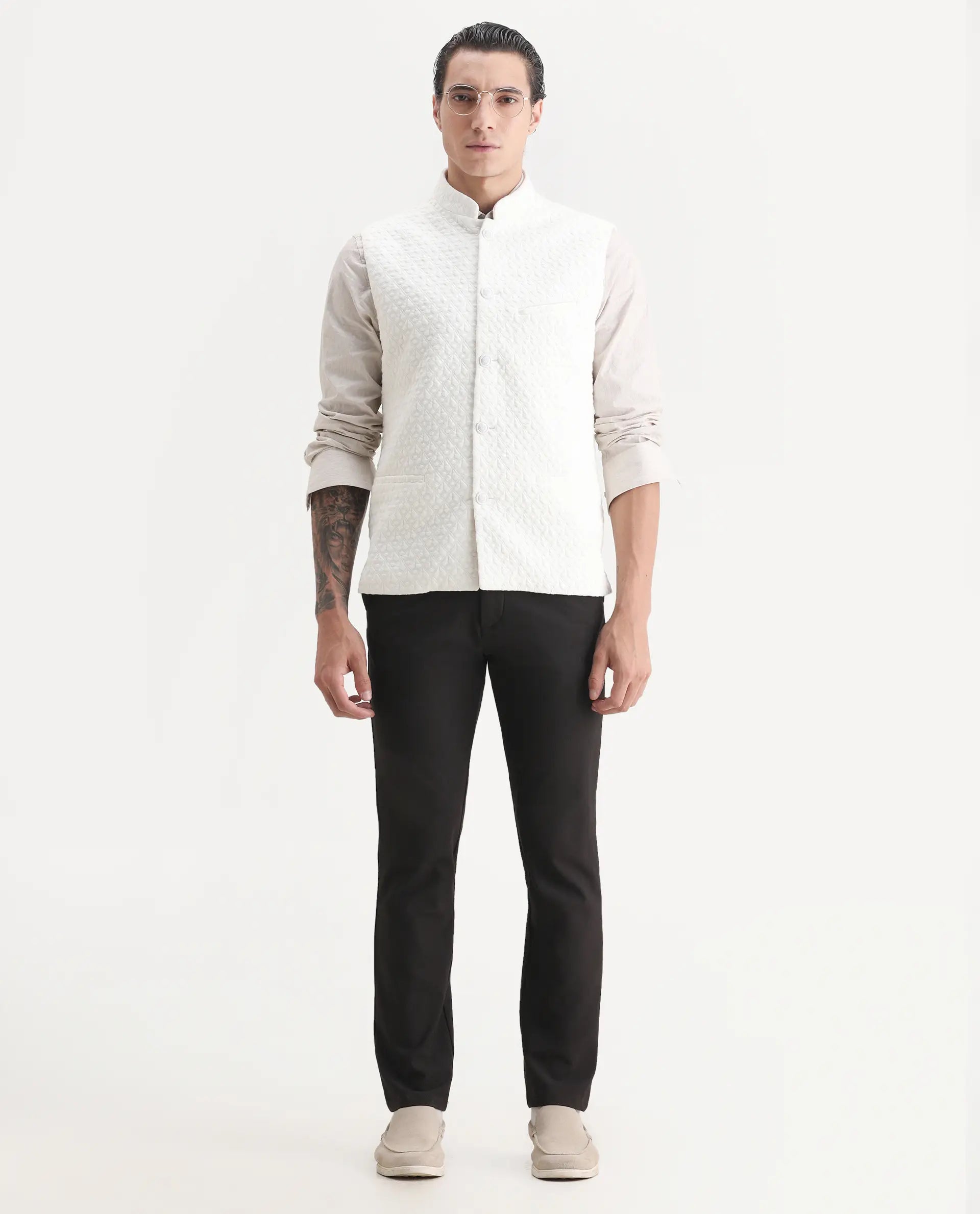 Rare Rabbit Men's Mitzi Off White Cotton Jacquard Tailored Fit Sleeveless Mandarin Collar Bandhgala