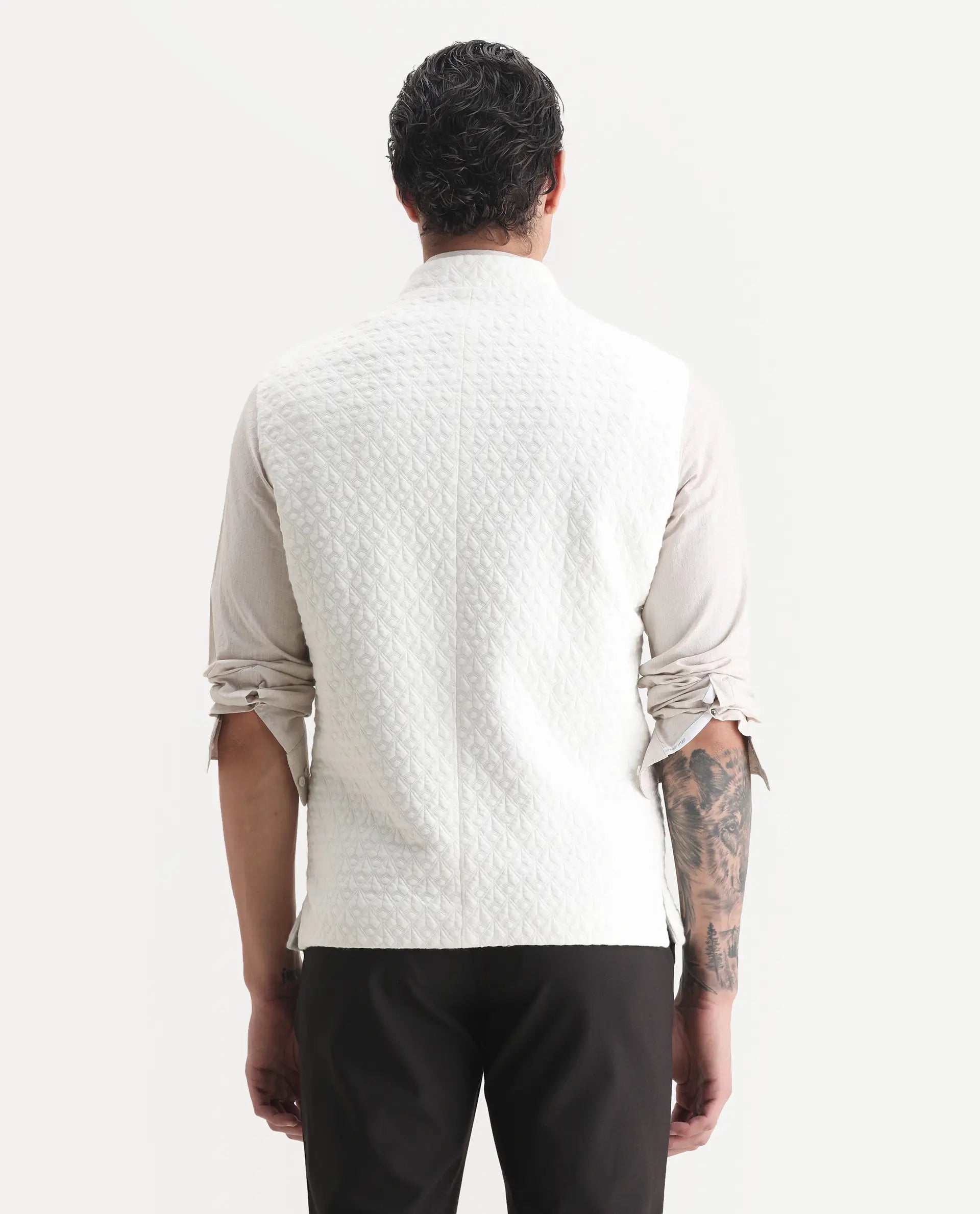 Rare Rabbit Men's Mitzi Off White Cotton Jacquard Tailored Fit Sleeveless Mandarin Collar Bandhgala