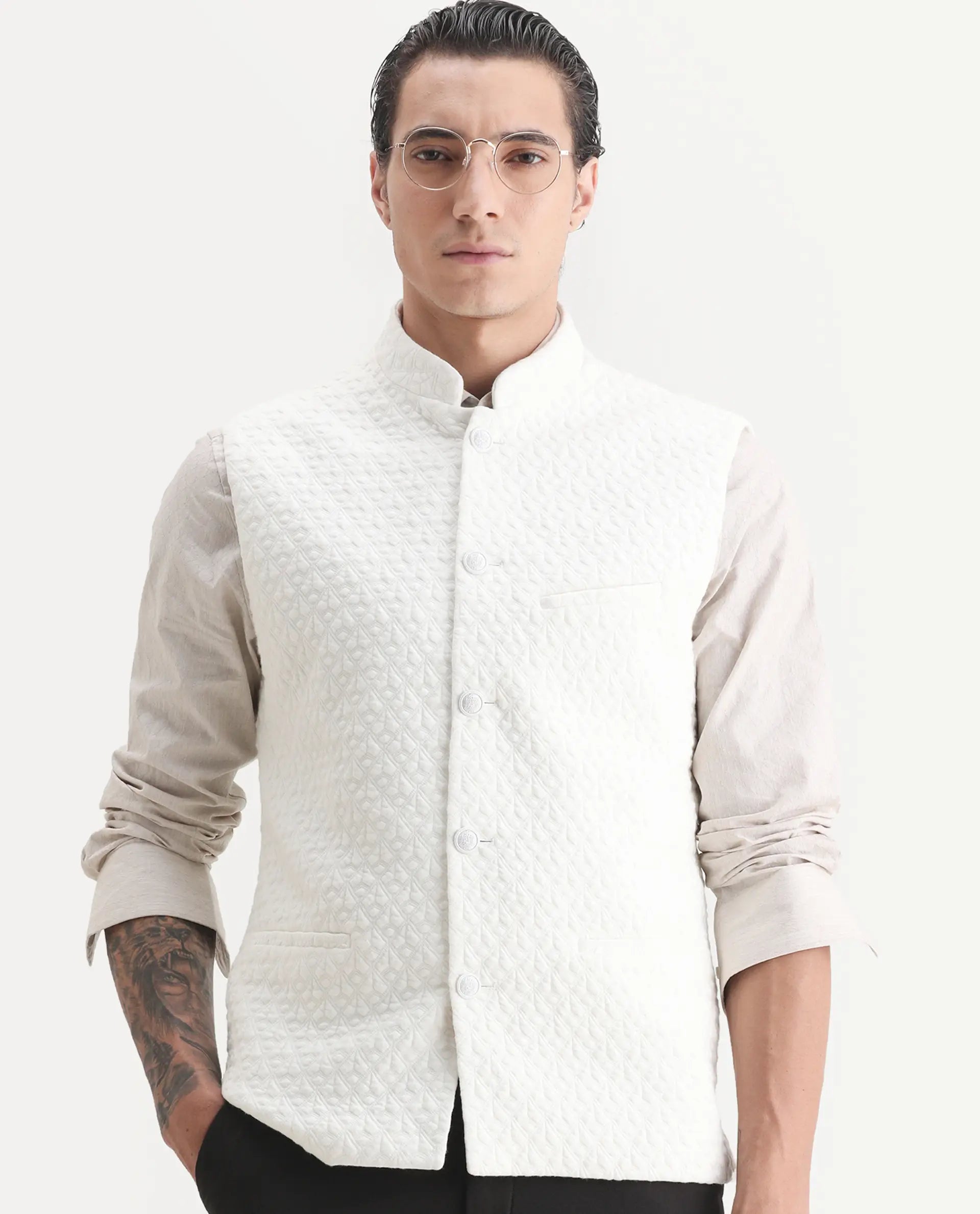 Rare Rabbit Men's Mitzi Off White Cotton Jacquard Tailored Fit Sleeveless Mandarin Collar Bandhgala