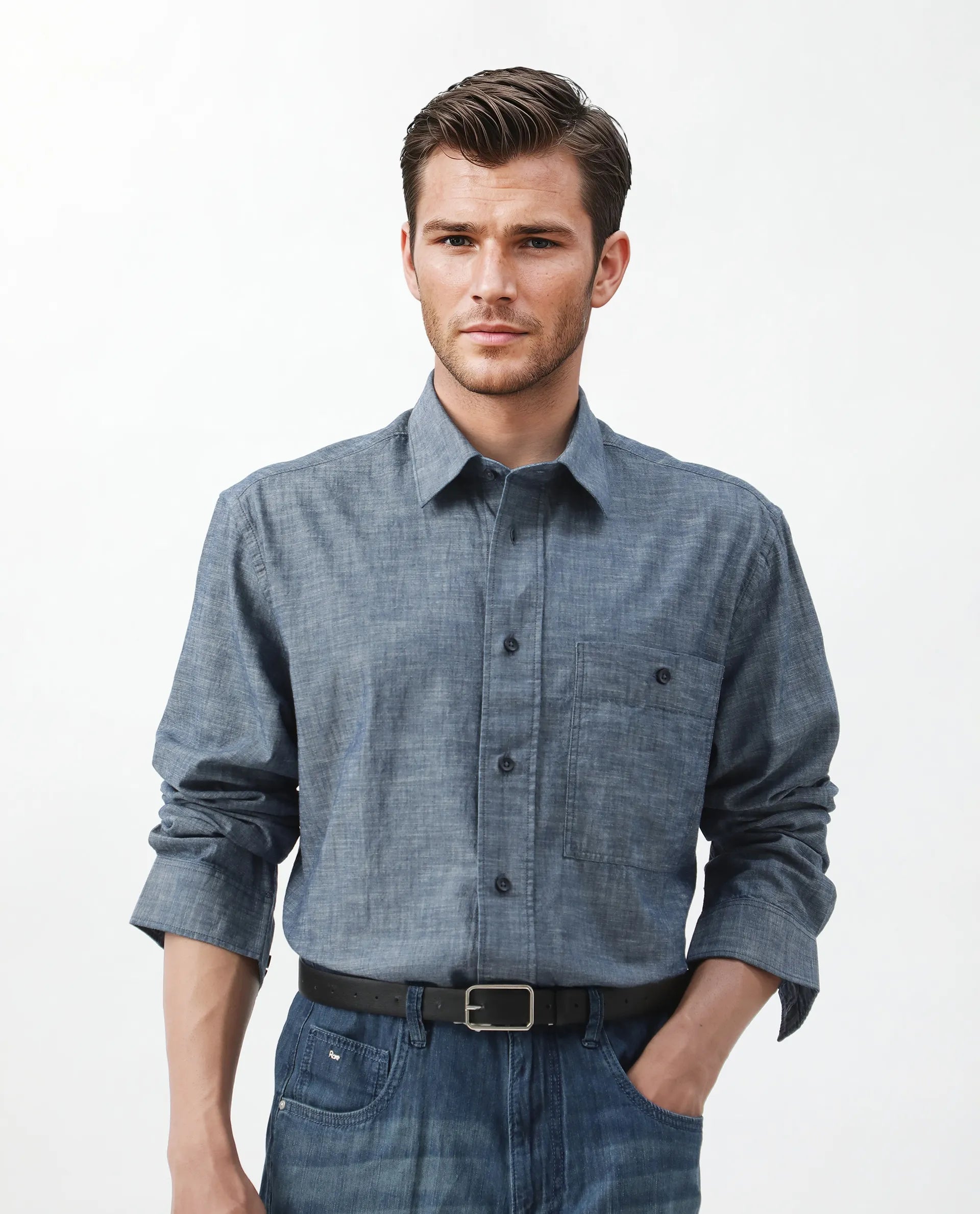 Rare Rabbit Men's Mivo Light Blue Cotton Plain Regular Fit Full Sleeve Collared Shirt