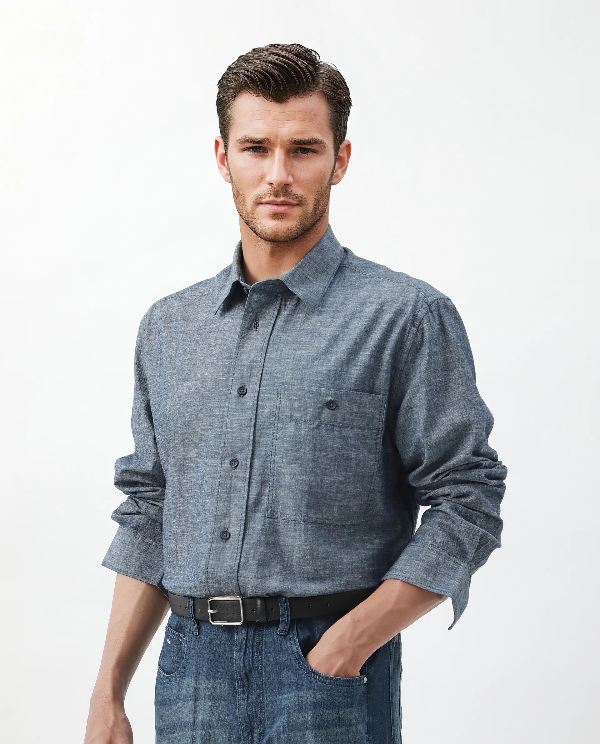 Rare Rabbit Men's Mivo Light Blue Cotton Plain Regular Fit Full Sleeve Collared Shirt